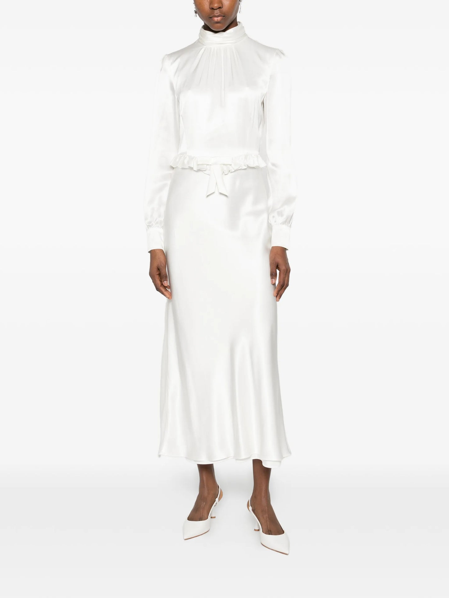 high-neck ruffled silk midi dress