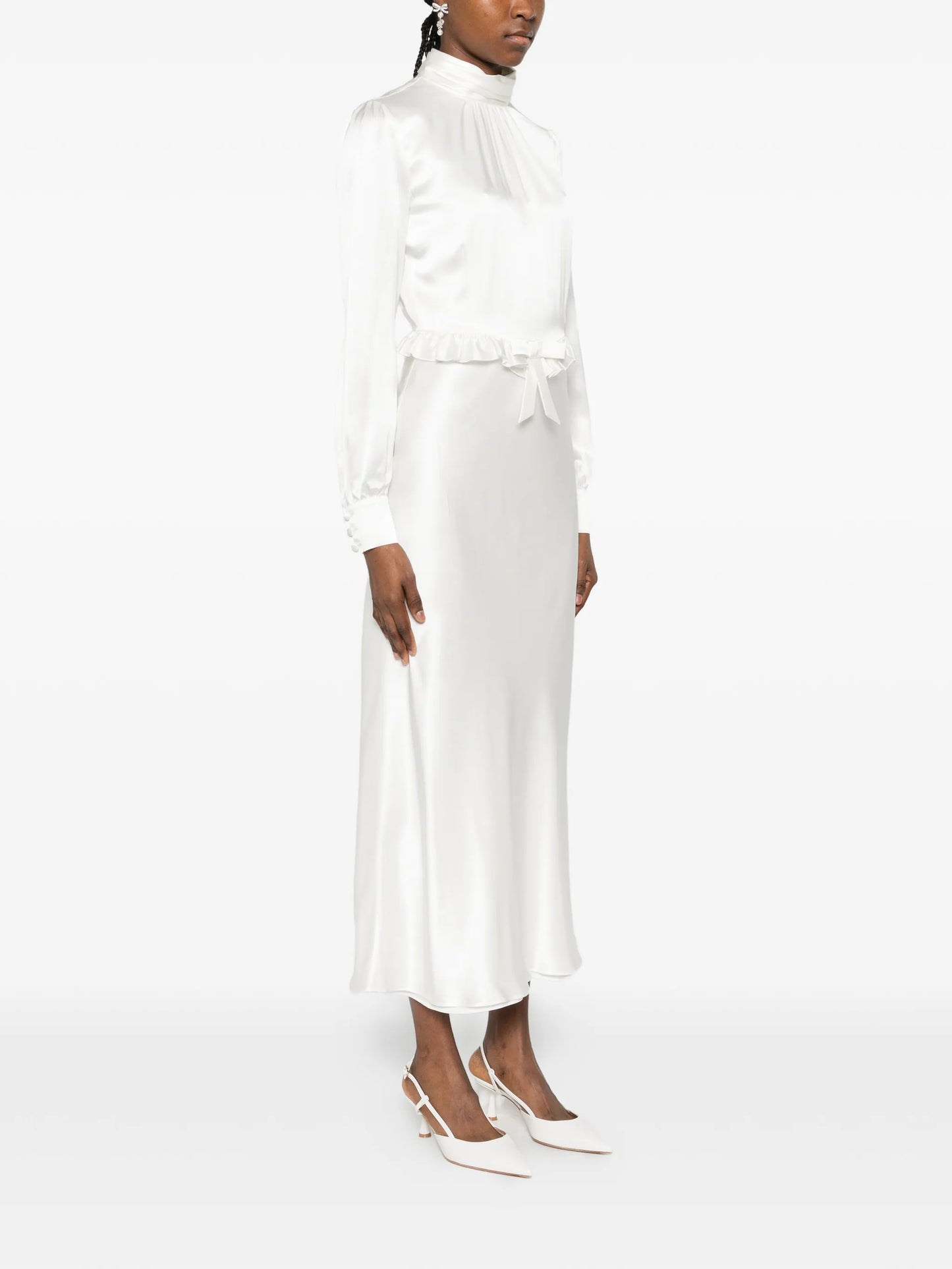 high-neck ruffled silk midi dress