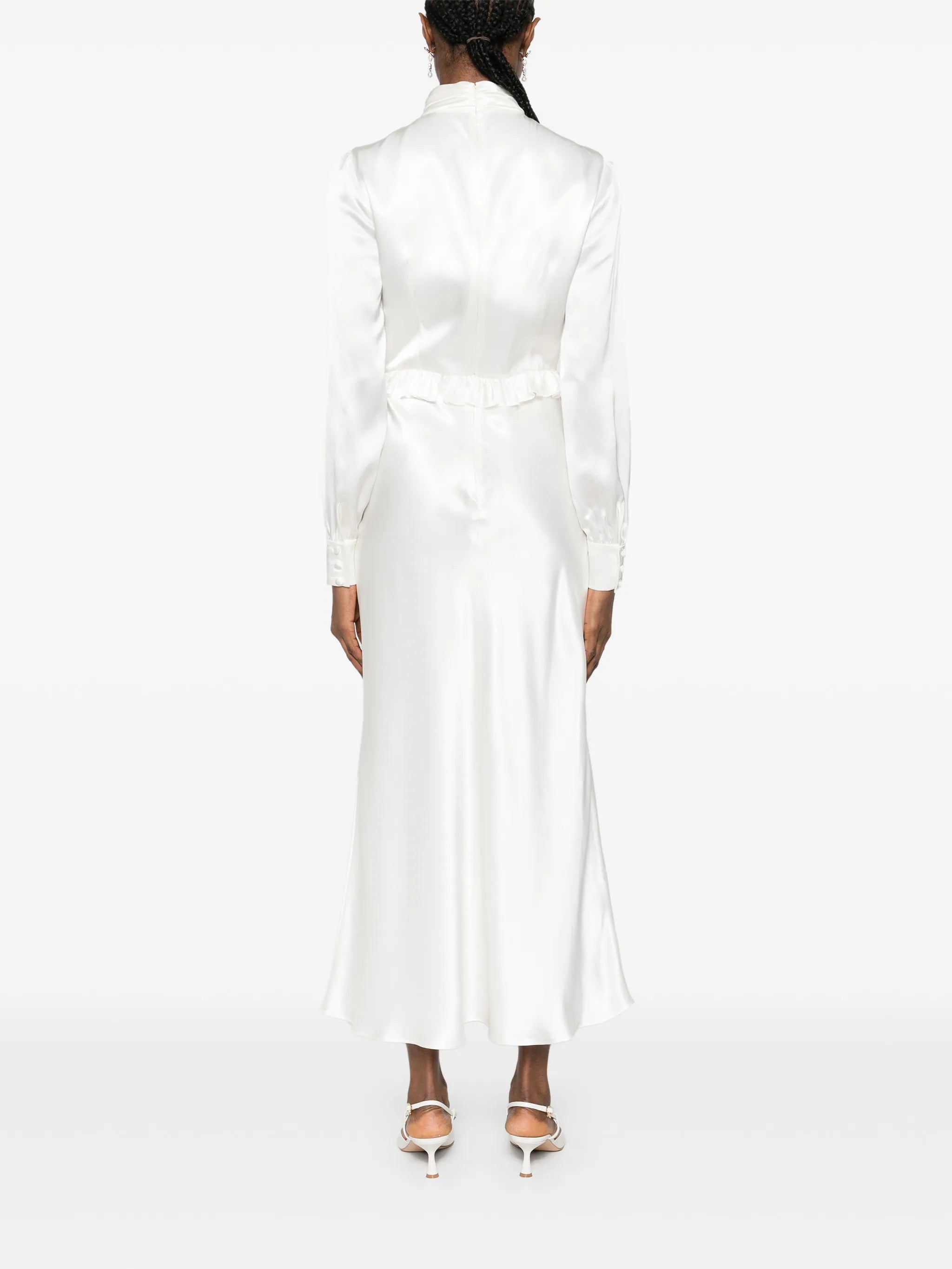 high-neck ruffled silk midi dress