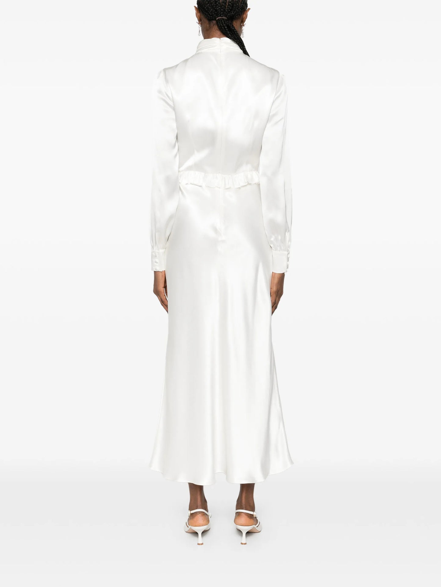 high-neck ruffled silk midi dress