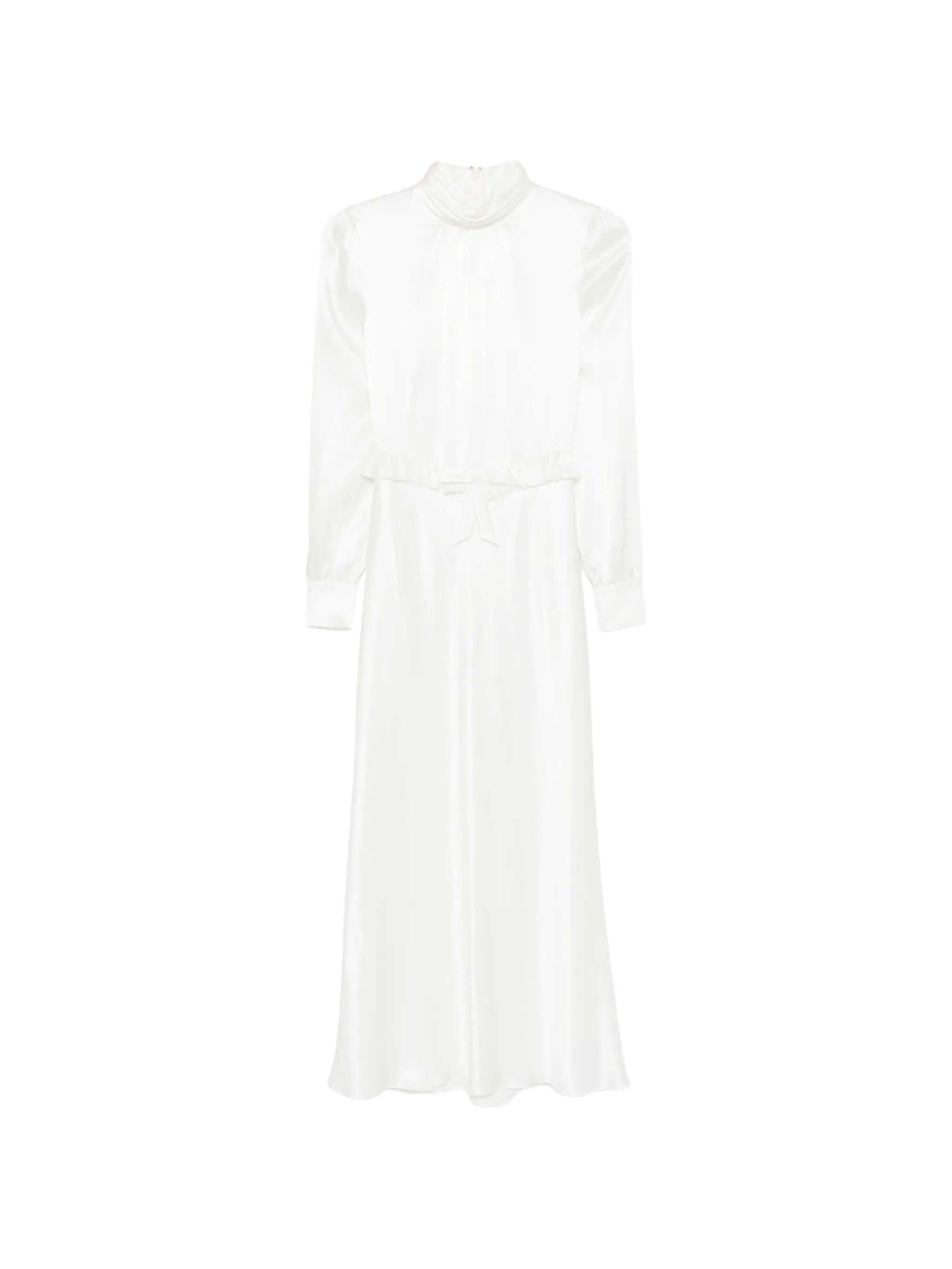 high-neck ruffled silk midi dress