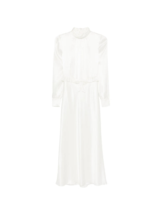 high-neck ruffled silk midi dress