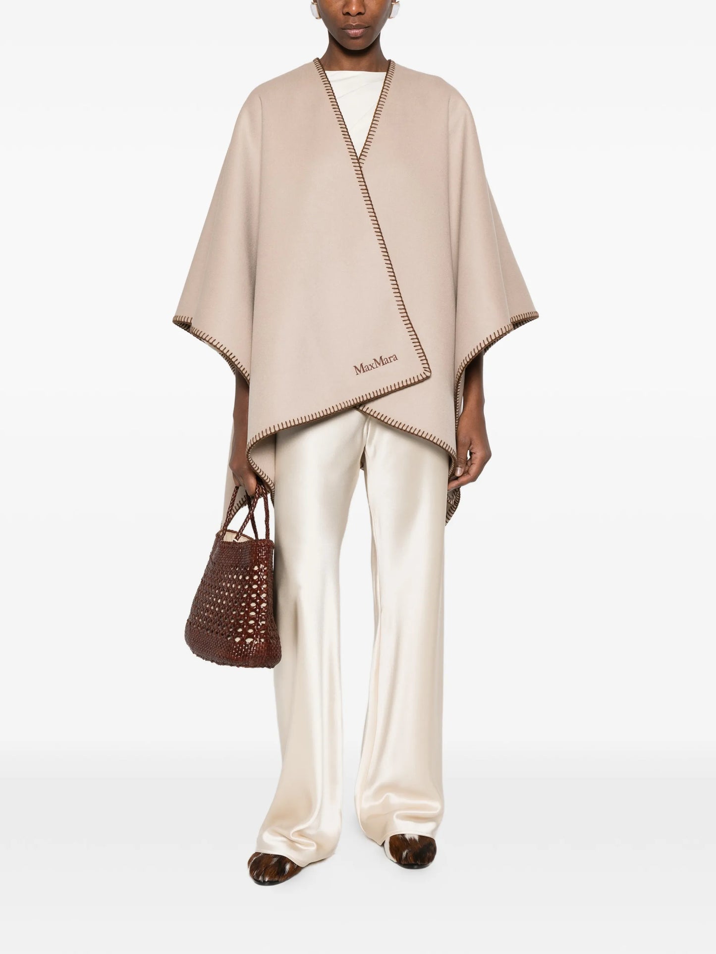 logo-embroidered wool poncho