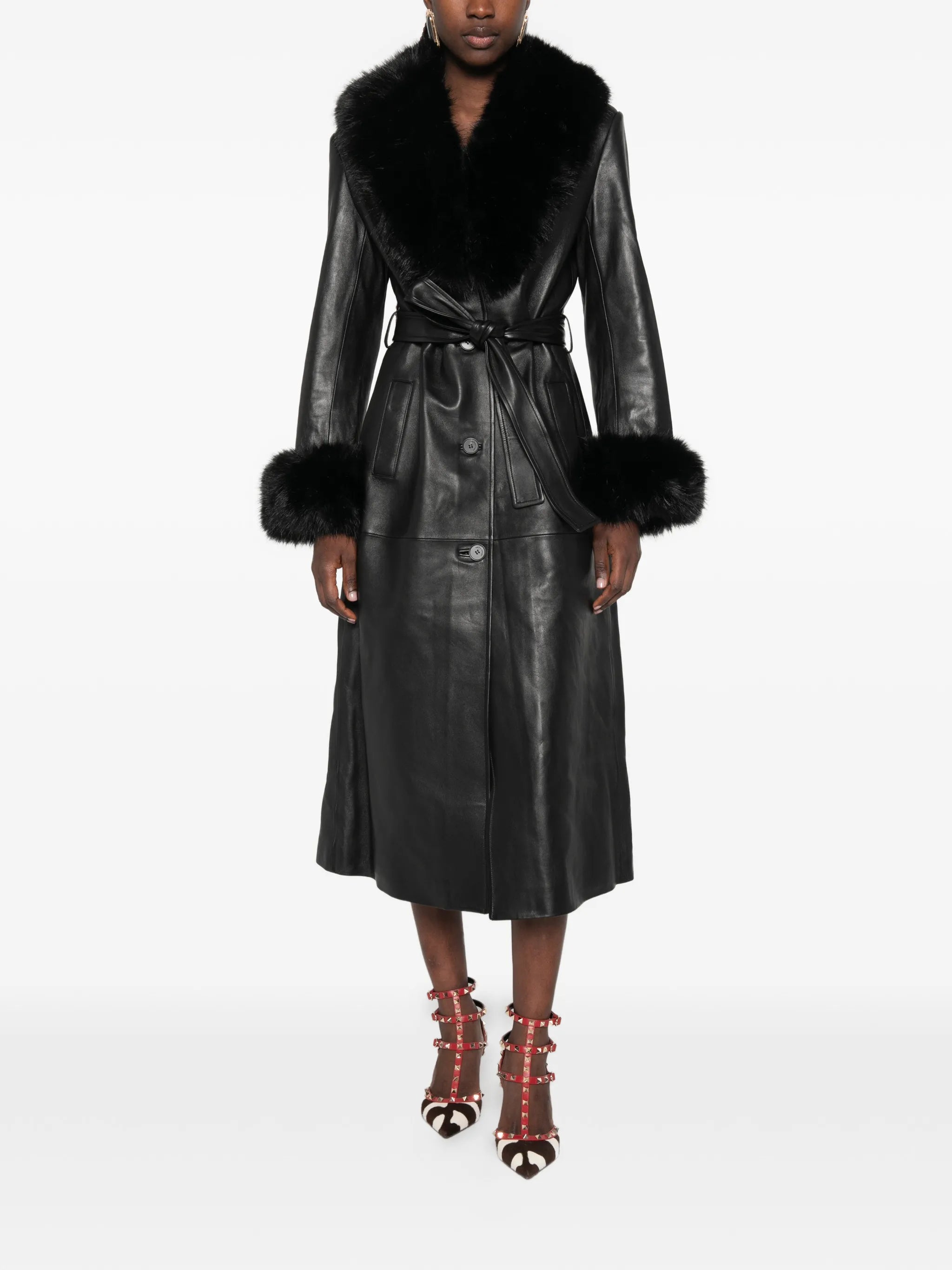 faux fur-collared belted coat