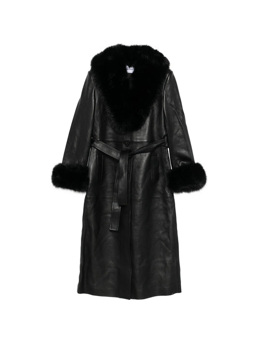 faux fur-collared belted coat
