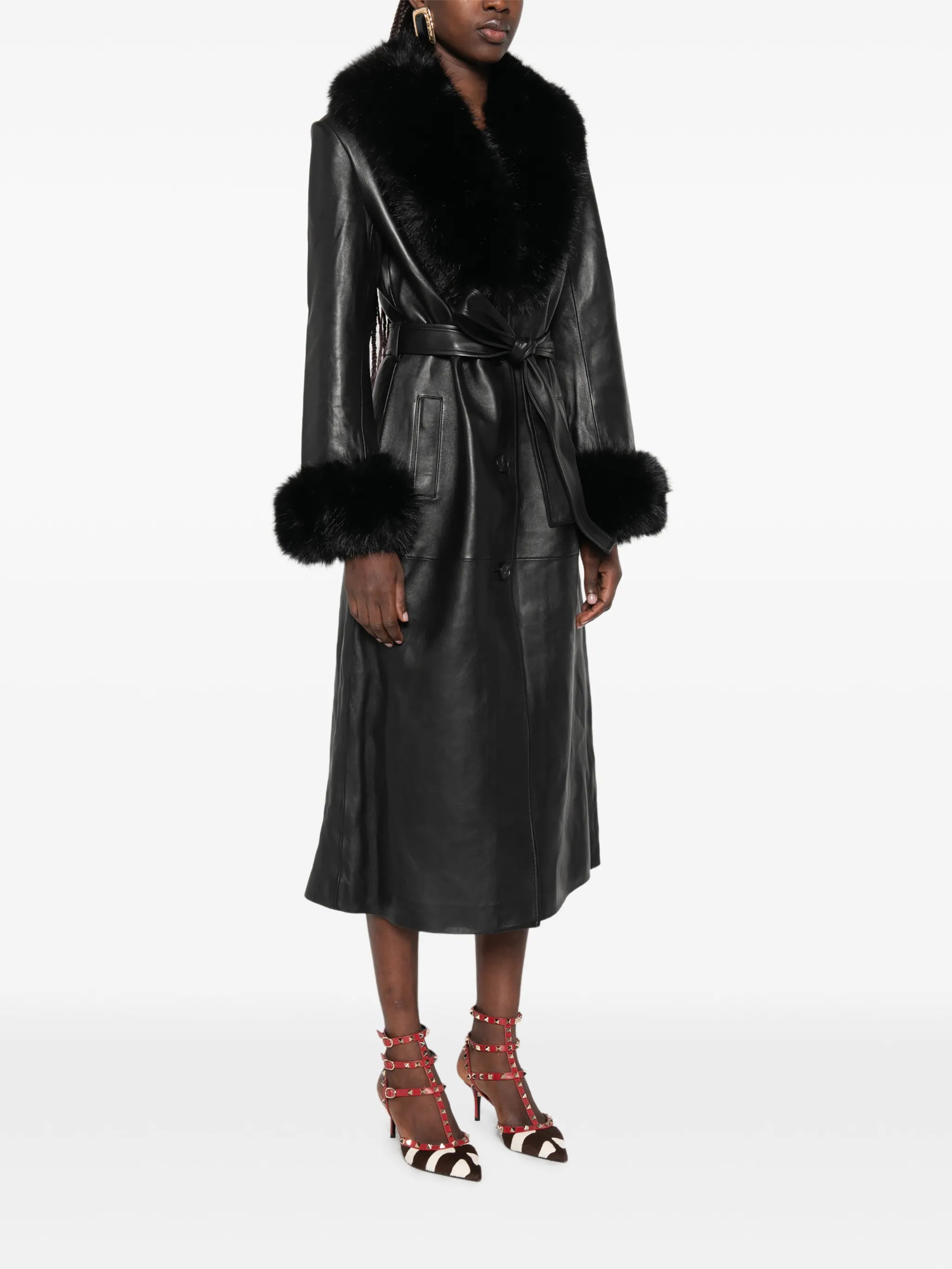 faux fur-collared belted coat