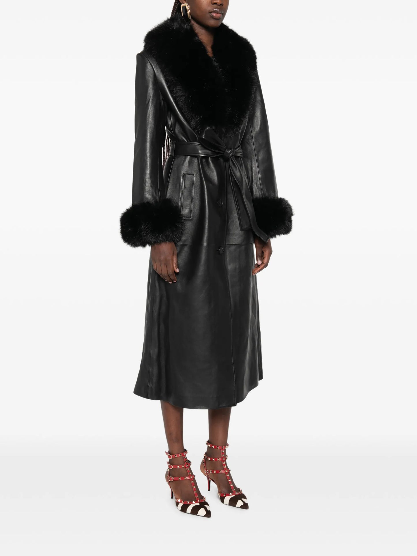 faux fur-collared belted coat