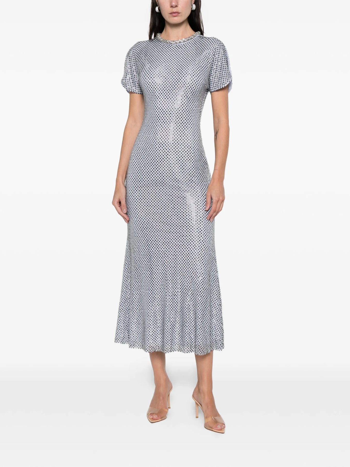 rhinestone mesh midi dress