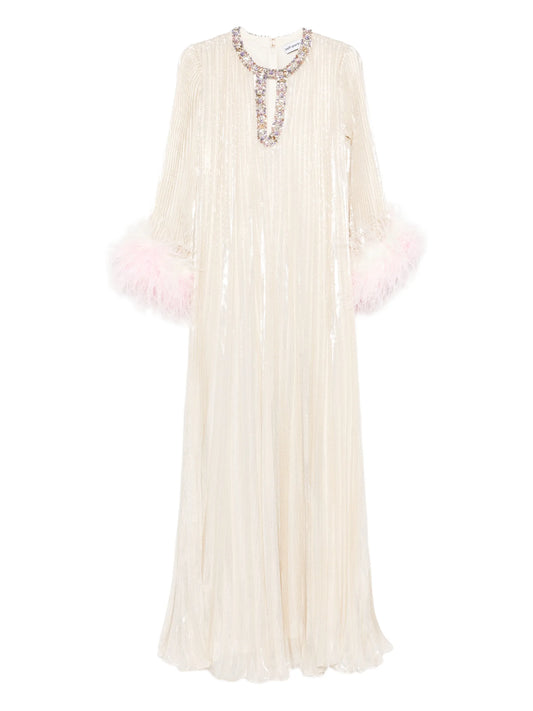 feather-embellished maxi dress