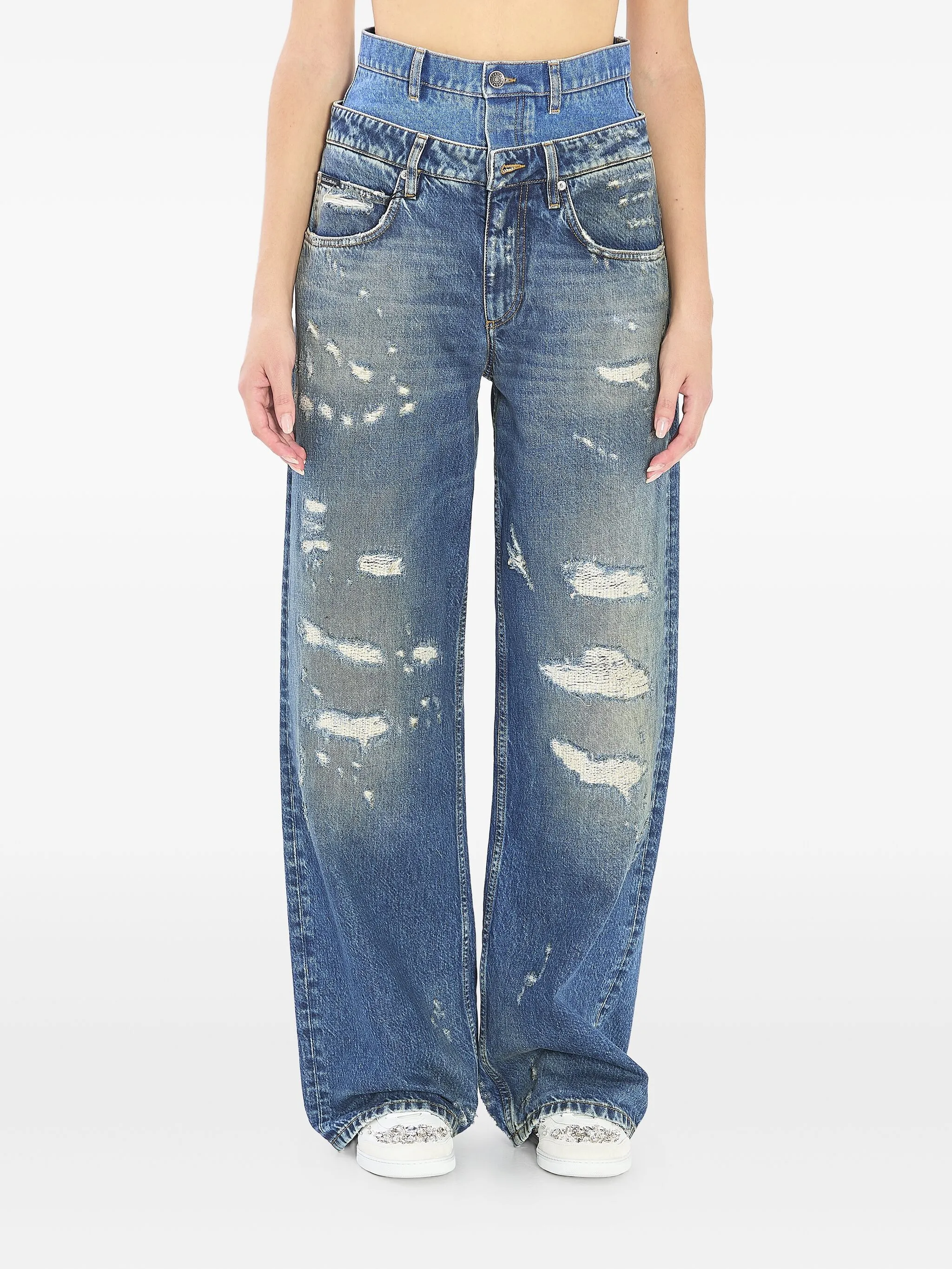 double-waist distressed jeans