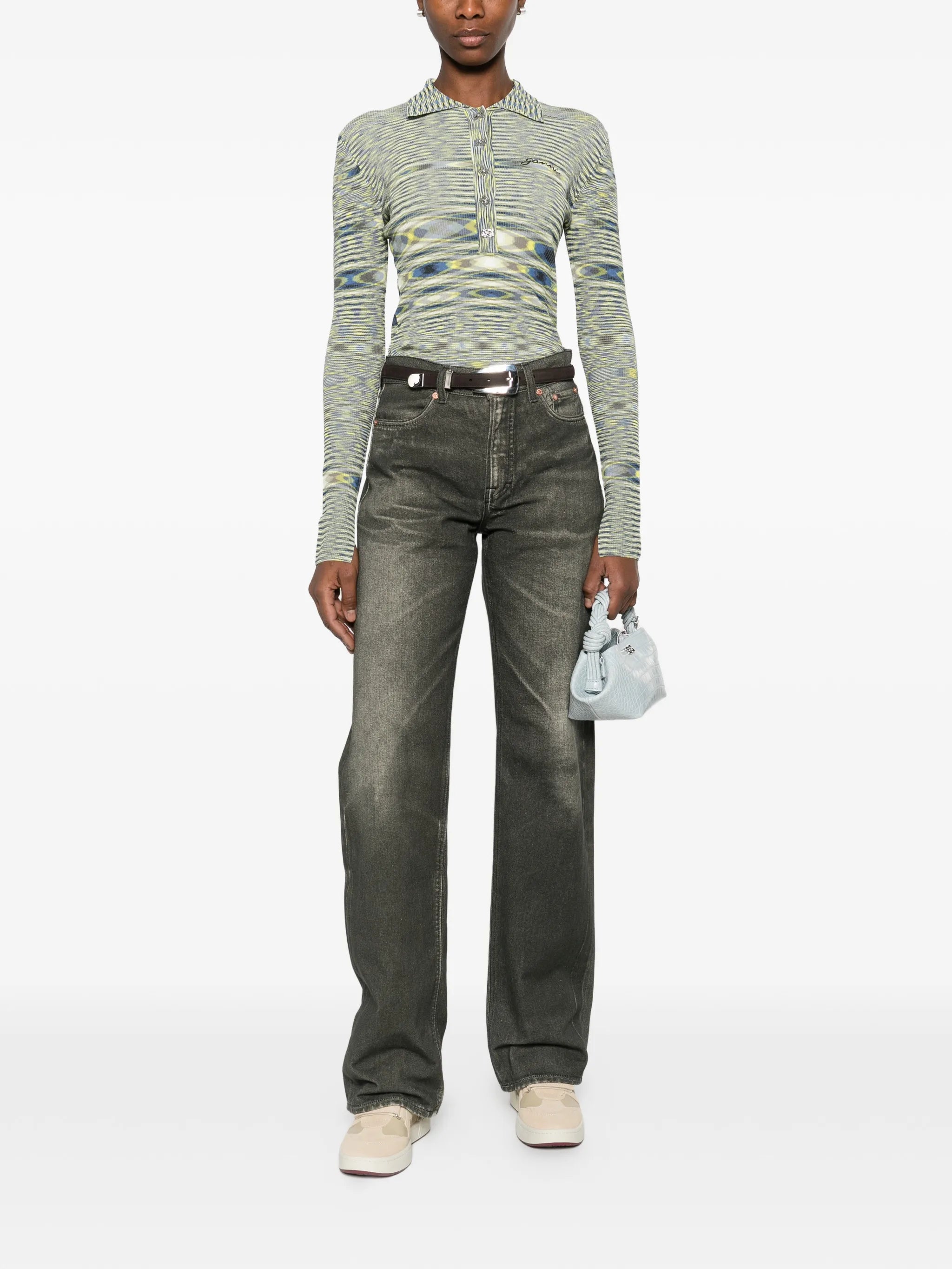 long-sleeve knit polo top