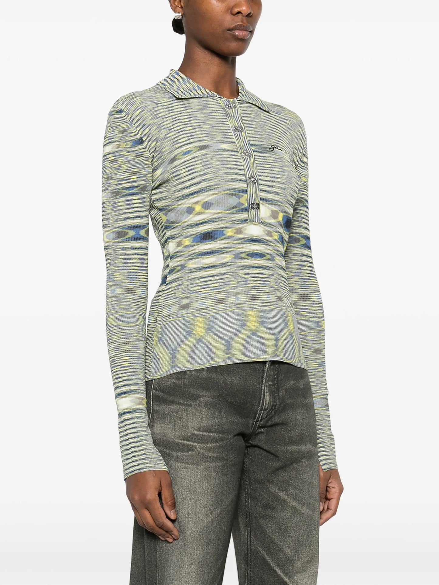 long-sleeve knit polo top
