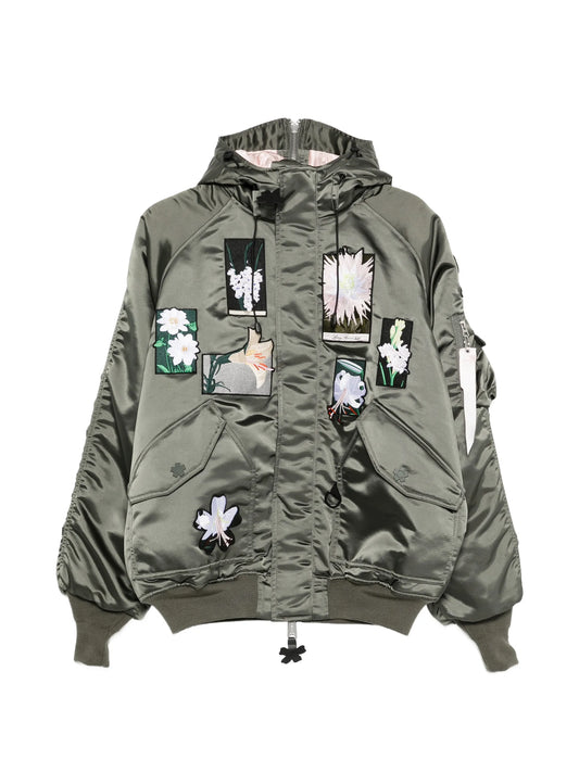 floral-patch hooded bomber jacket