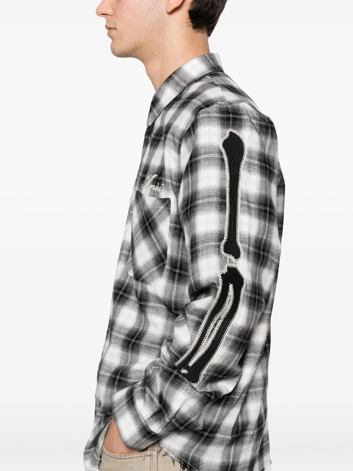 bones-appliqué plaid shirt