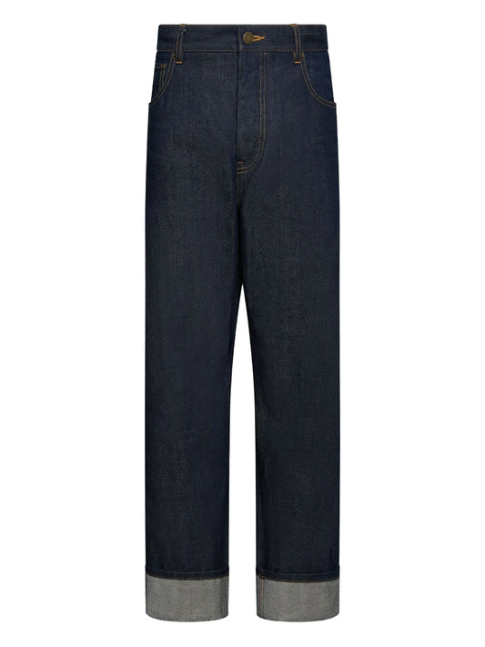 selvedge-detail backstrap trousers