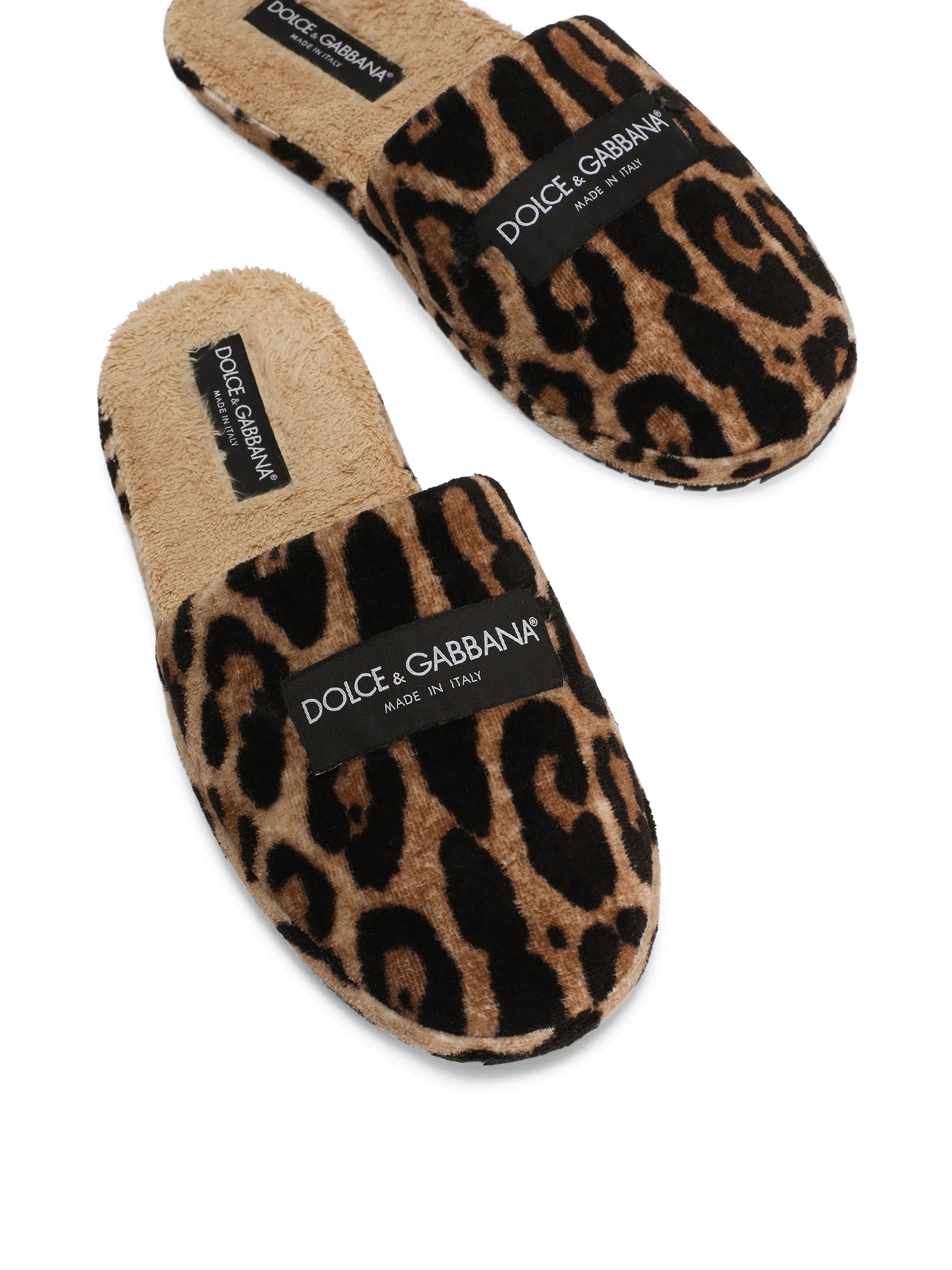 leo-print hotel terry slippers