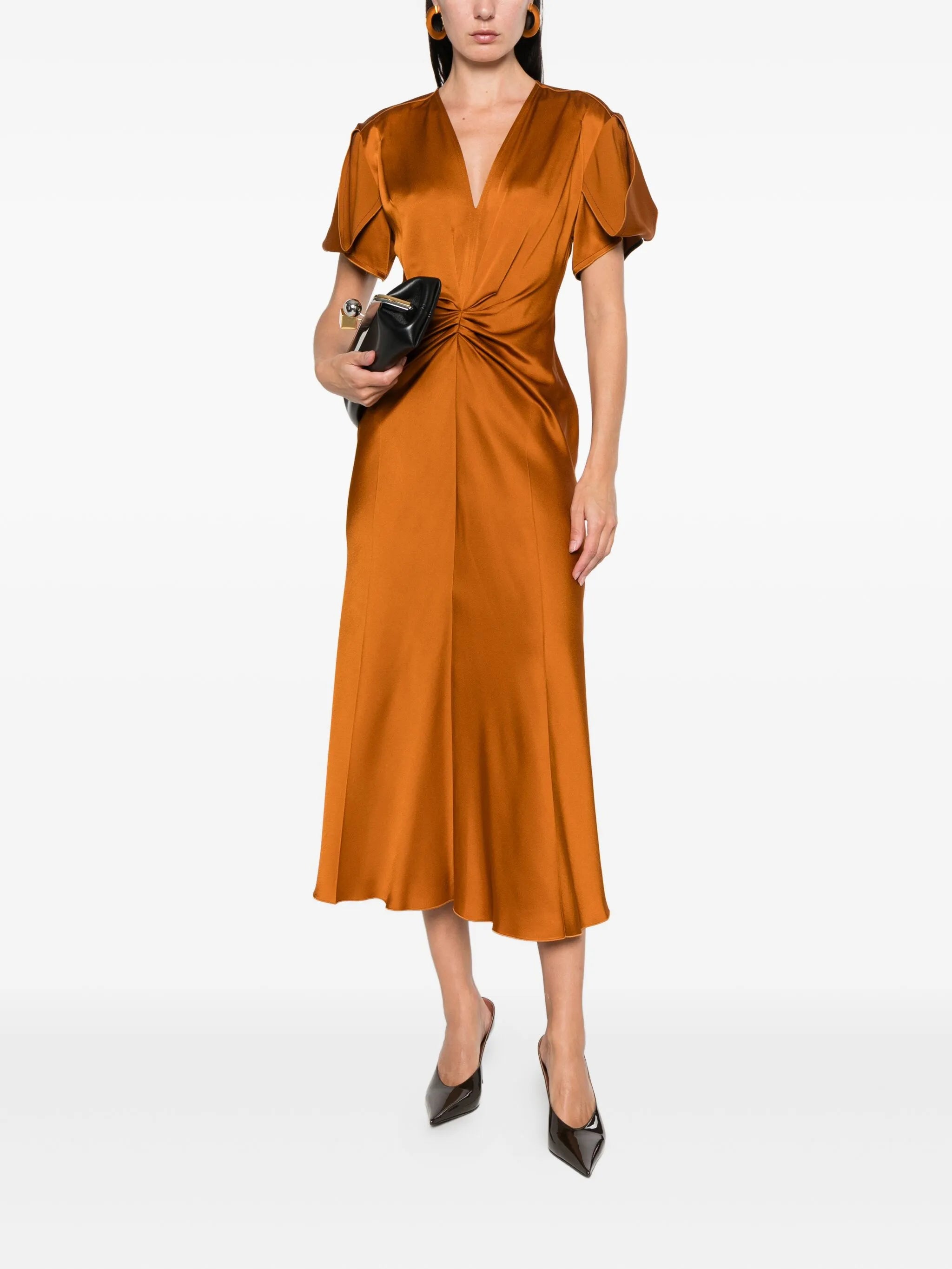 gathered satin dress