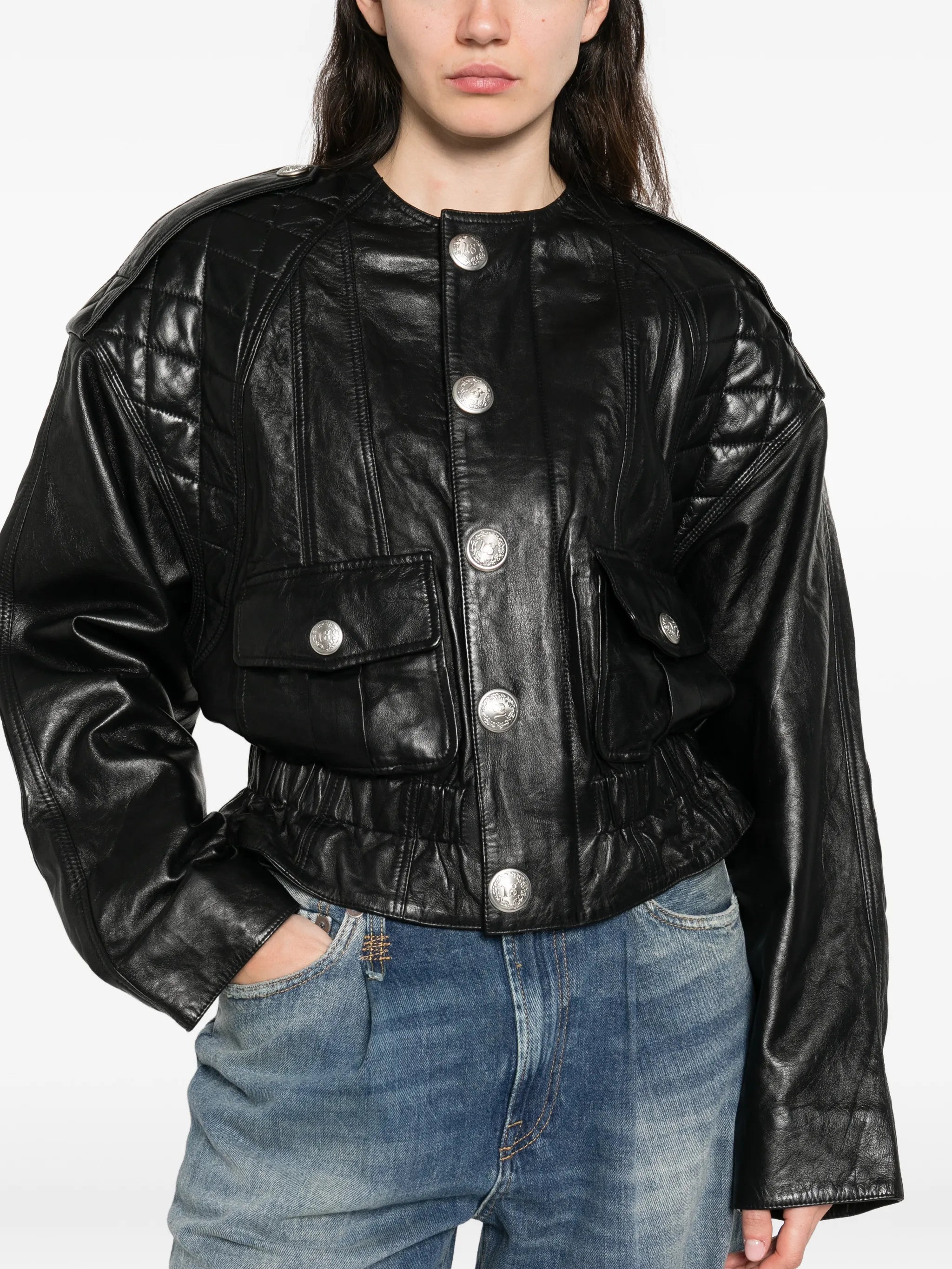 quilted button leather jacket