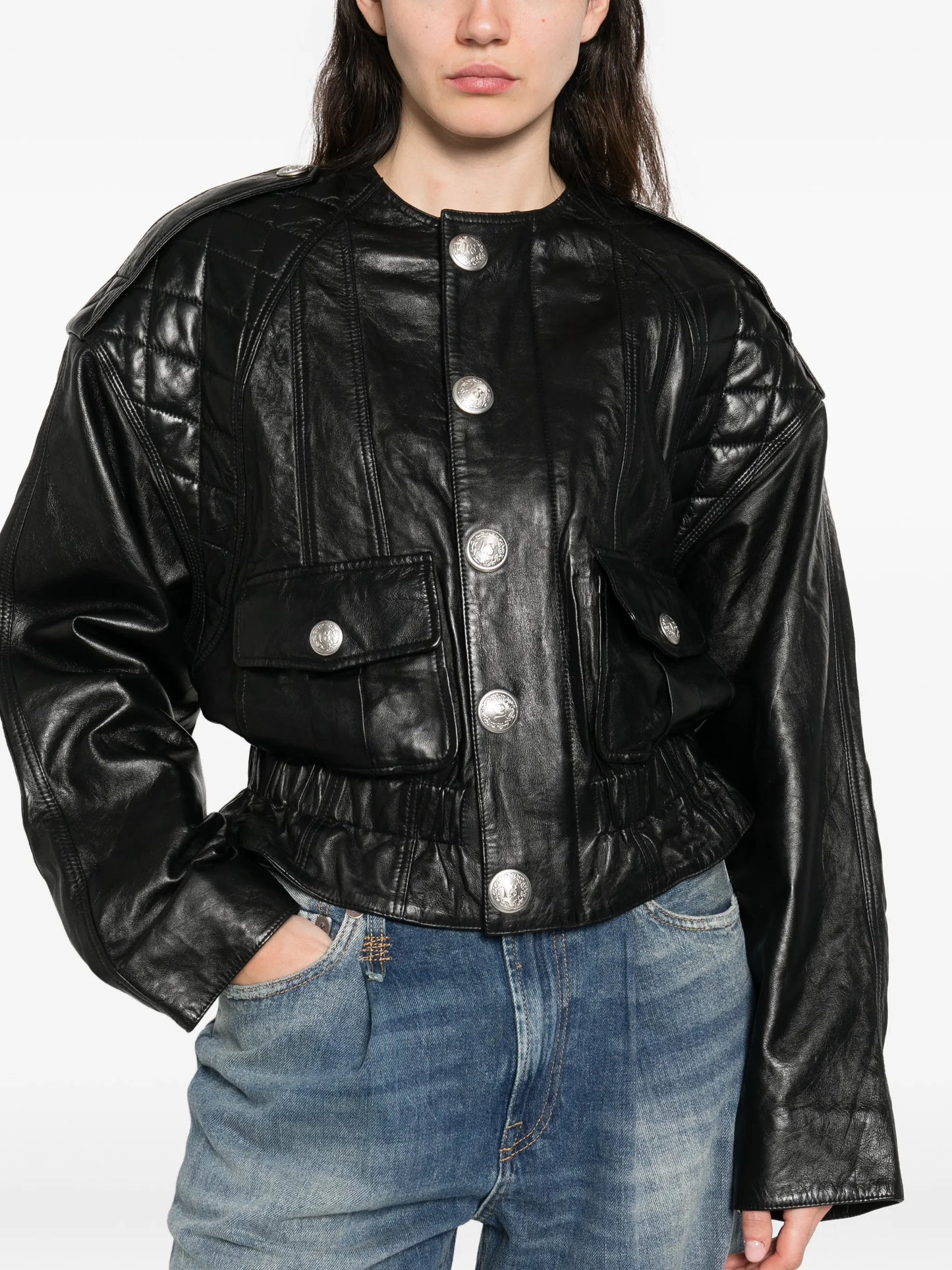 quilted button leather jacket