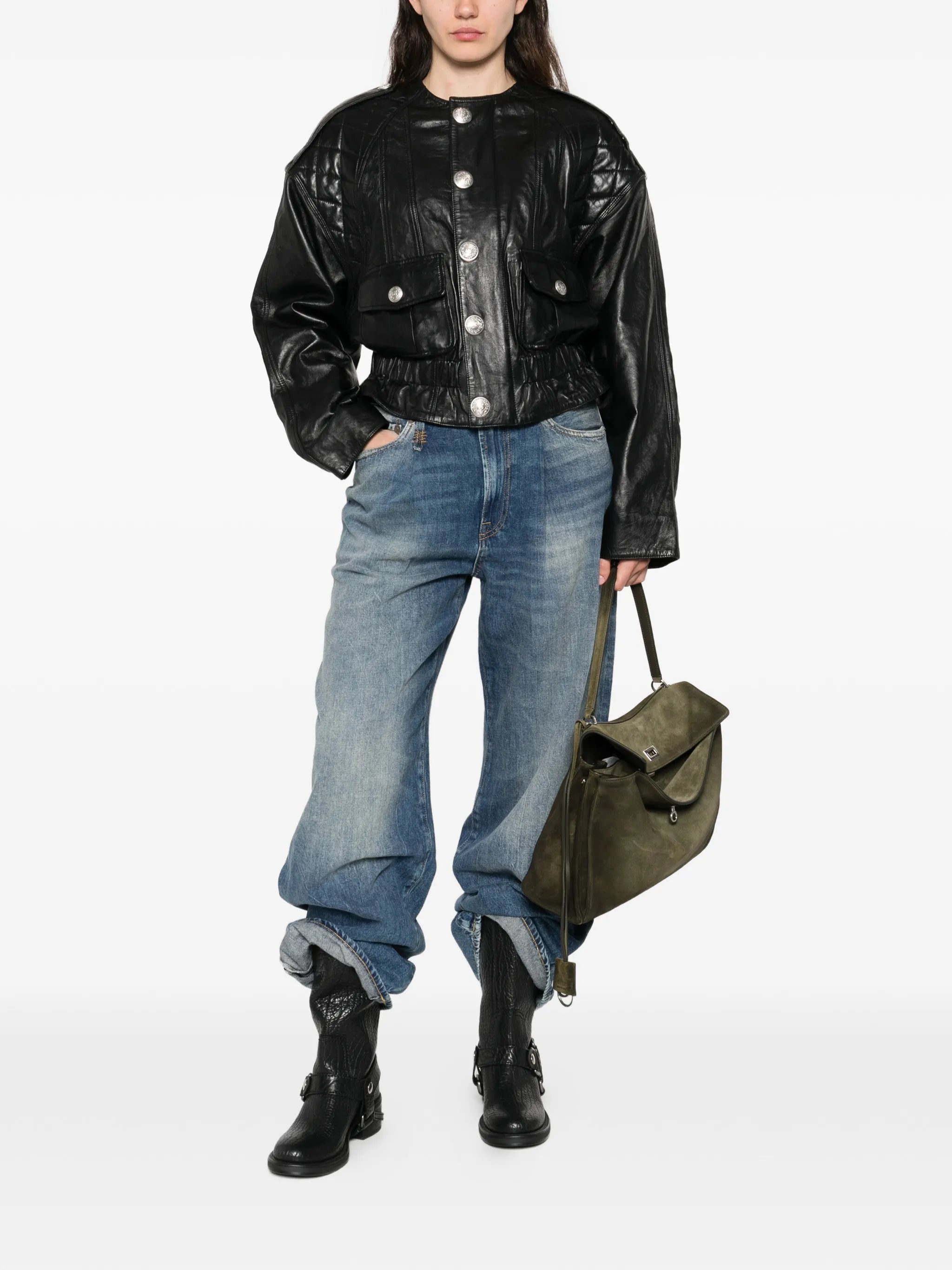 quilted button leather jacket