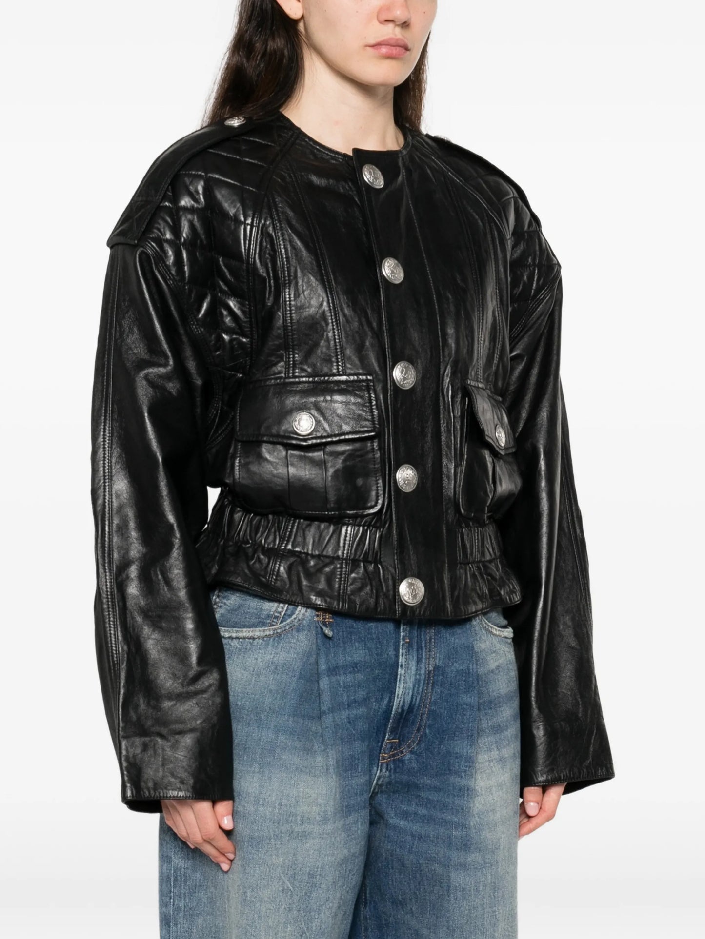 quilted button leather jacket