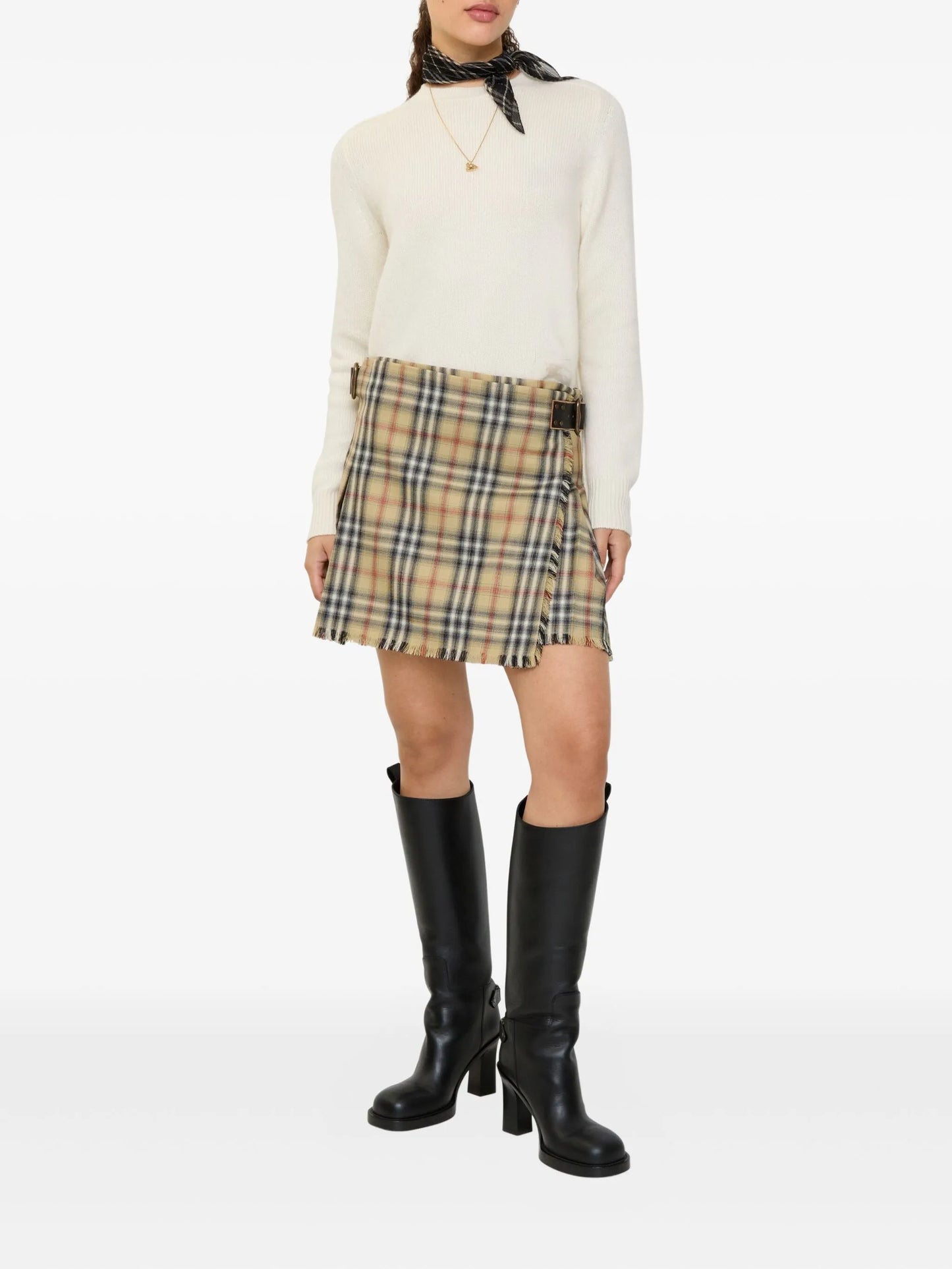 check-fringed mini skirt