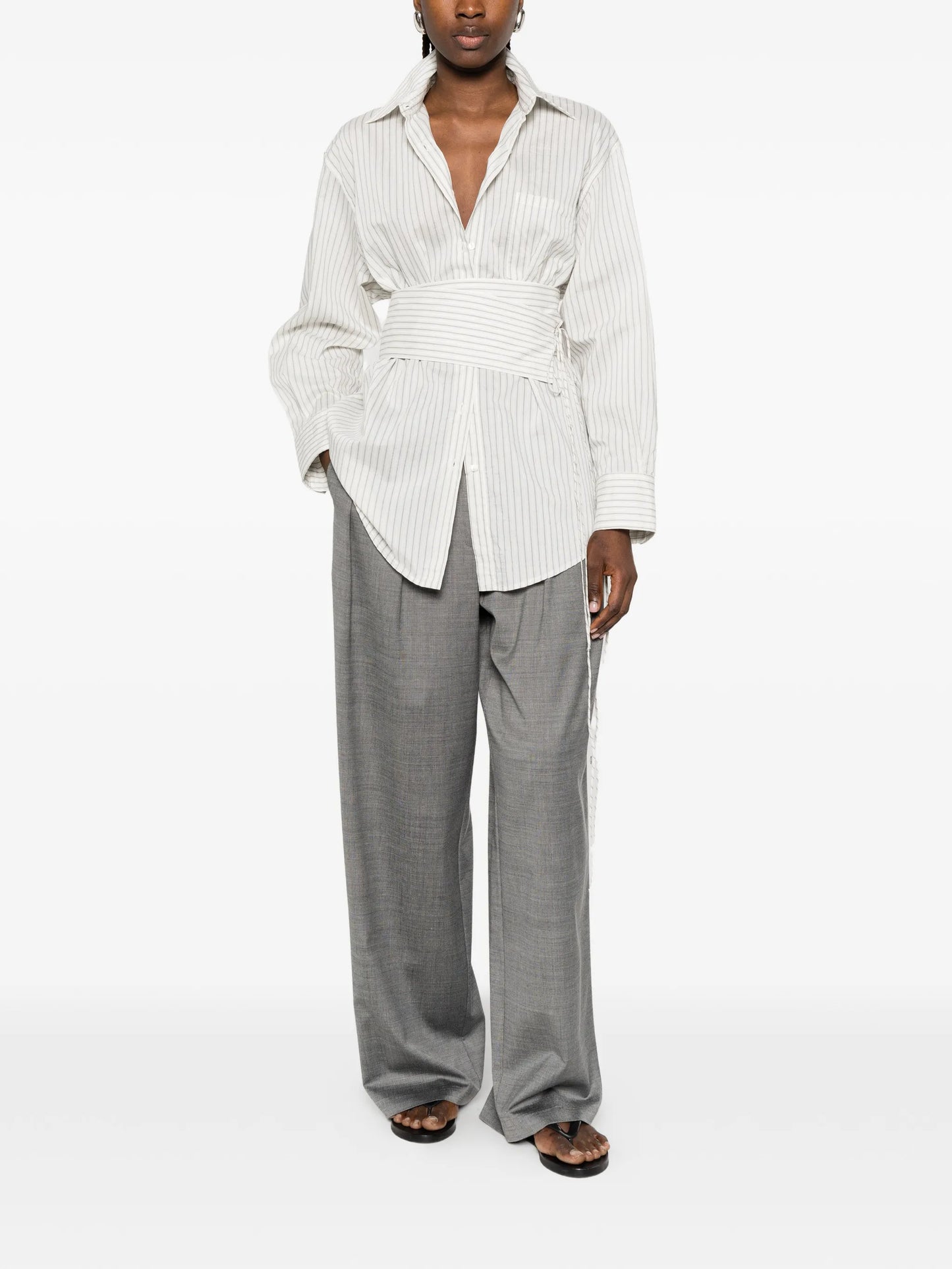 belted pinstriped shirt