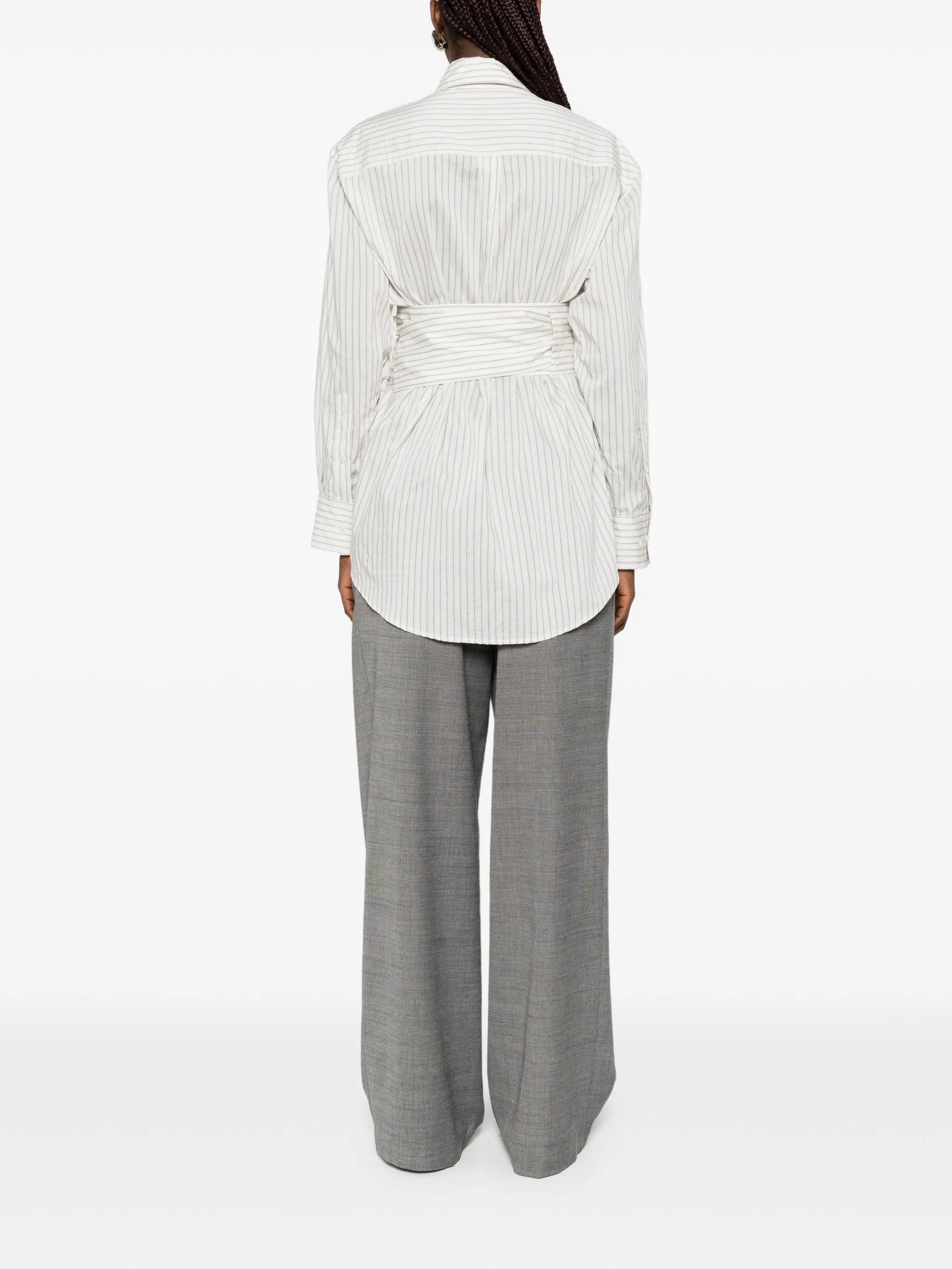 belted pinstriped shirt