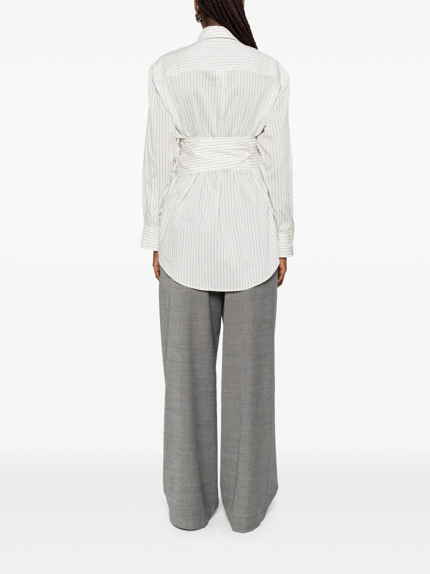 belted pinstriped shirt