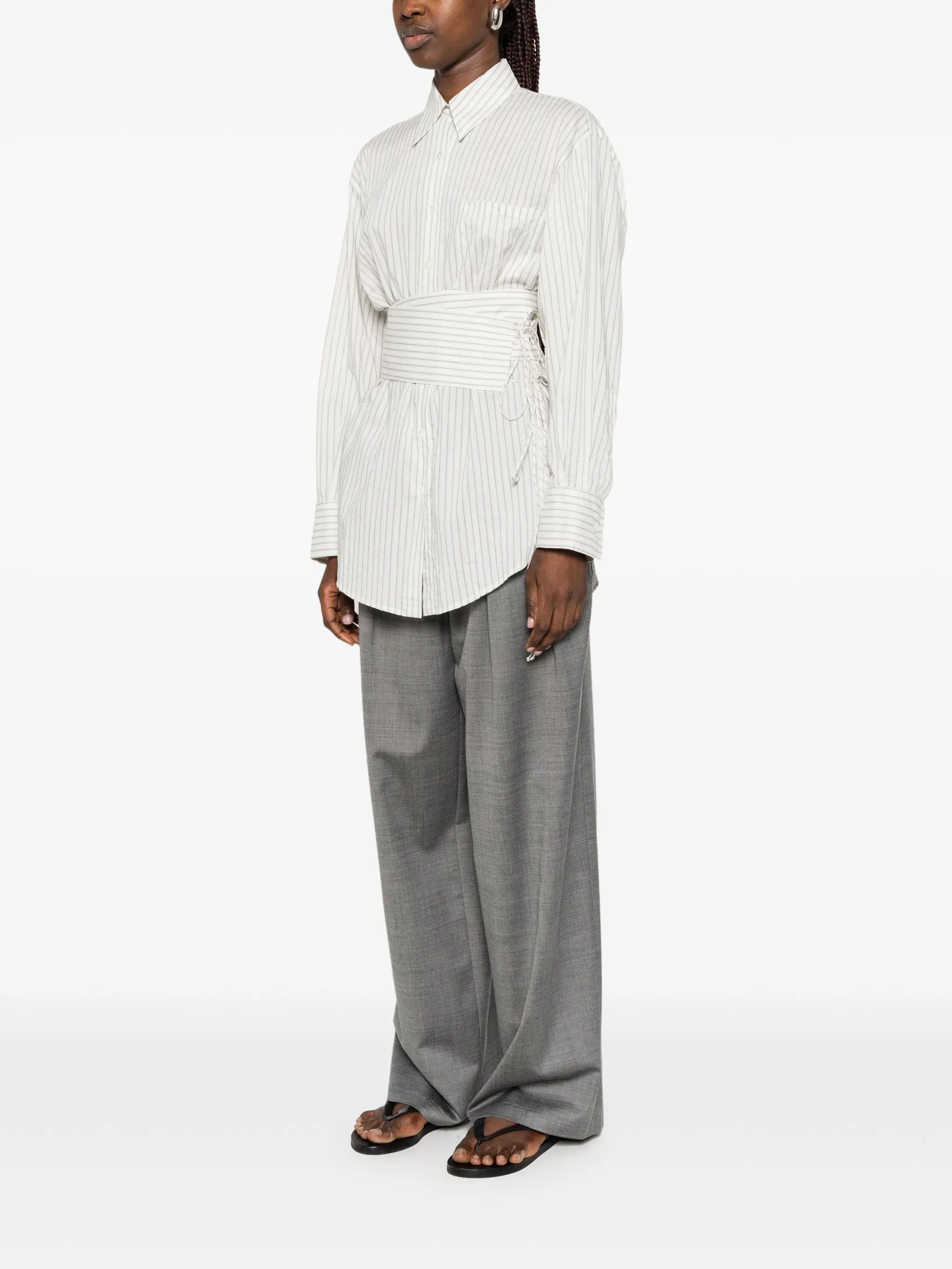 belted pinstriped shirt
