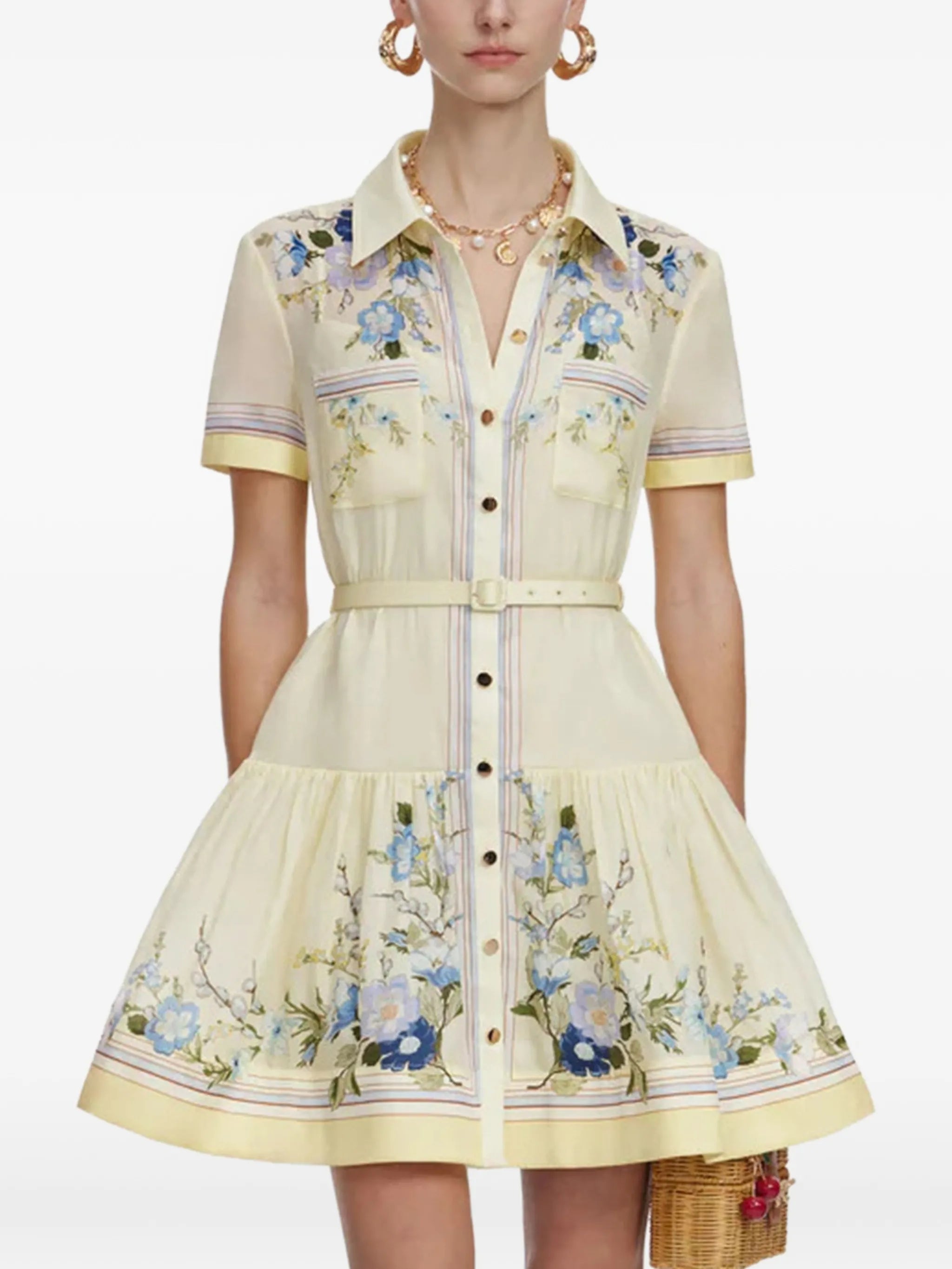 floral-print belted shirt dress