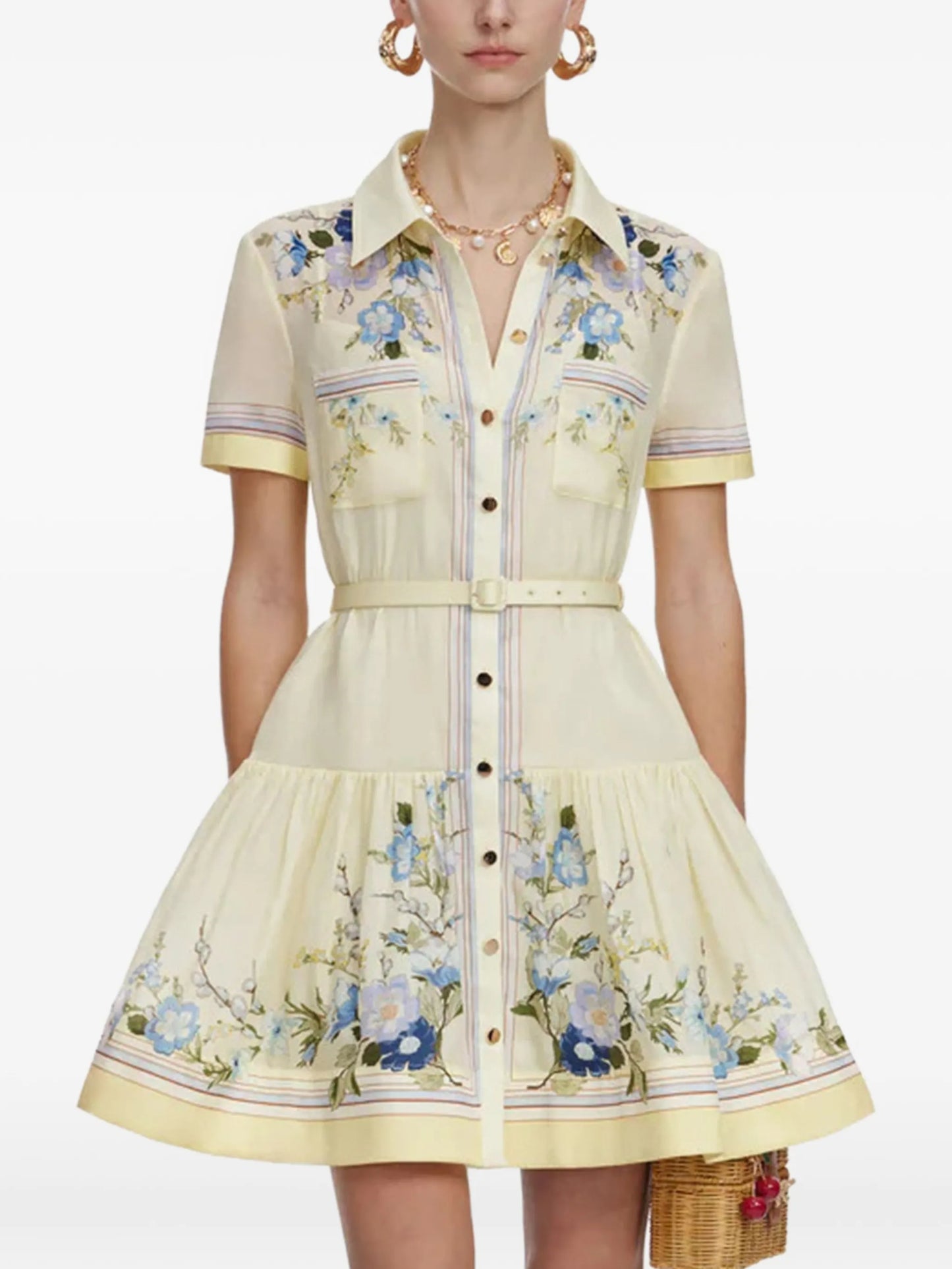 floral-print belted shirt dress