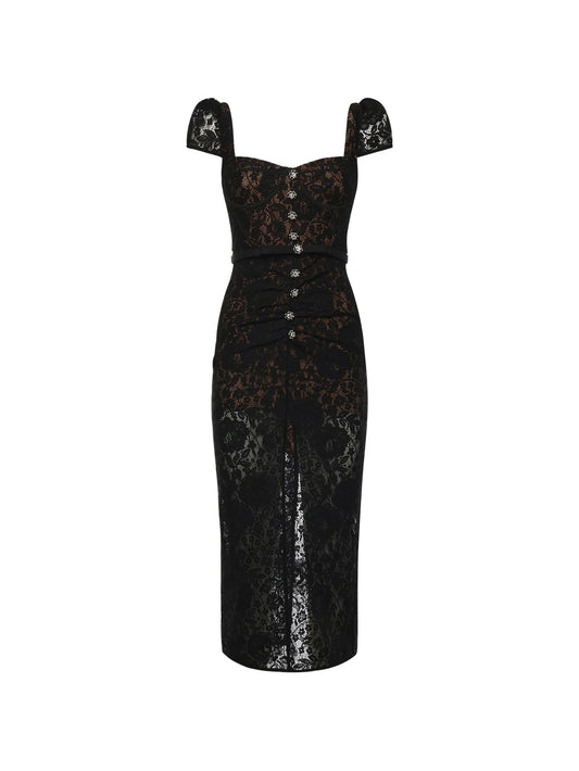 lace button midi dress