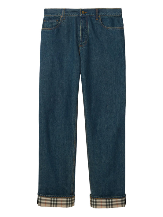 Check turn-up straight jeans