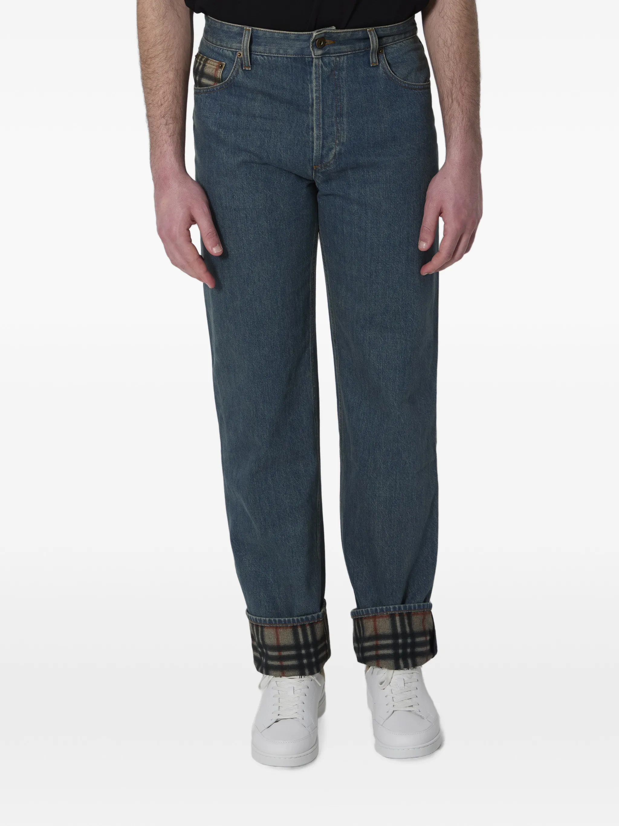 straight check turn-up jeans