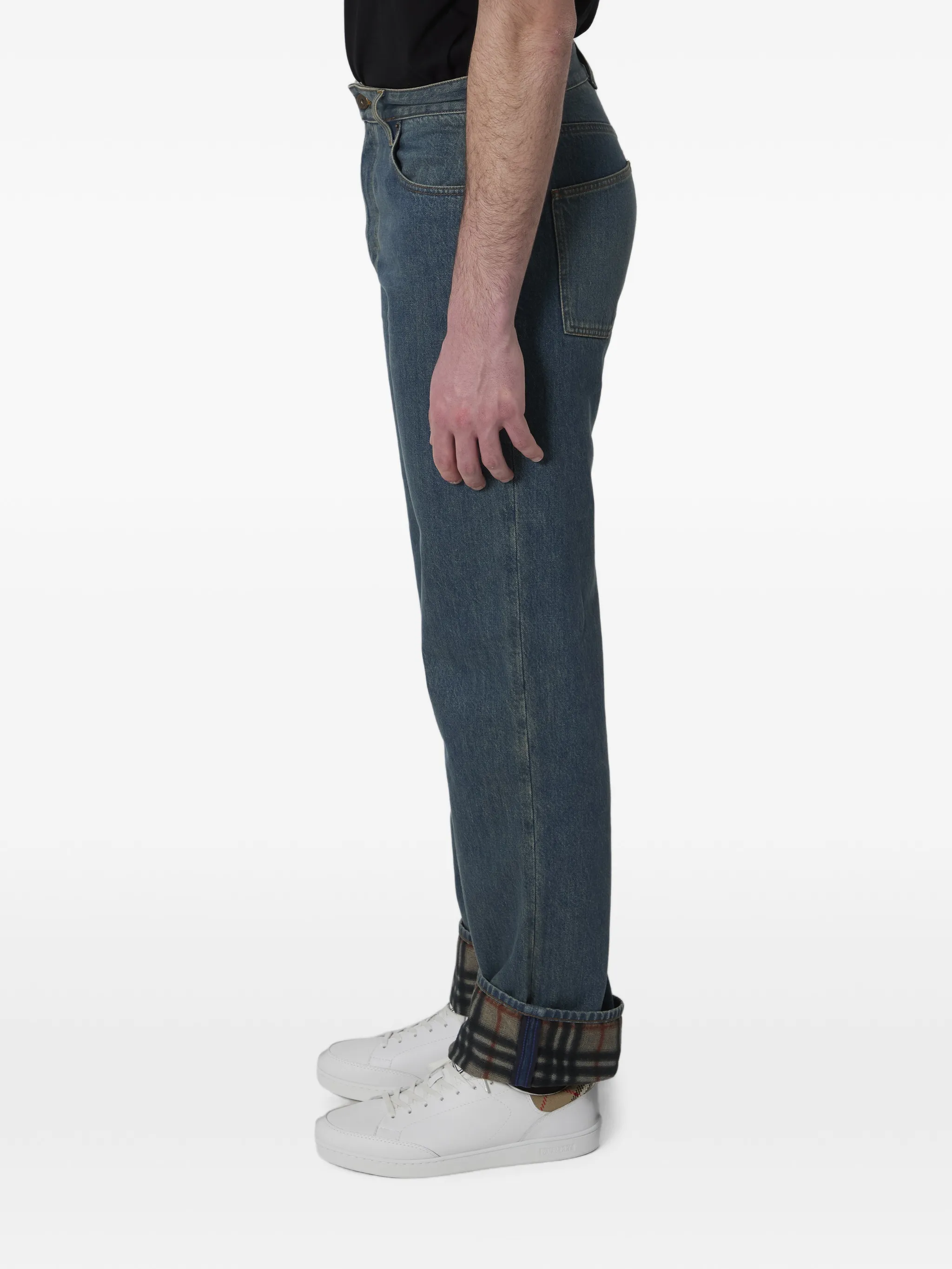 straight check turn-up jeans