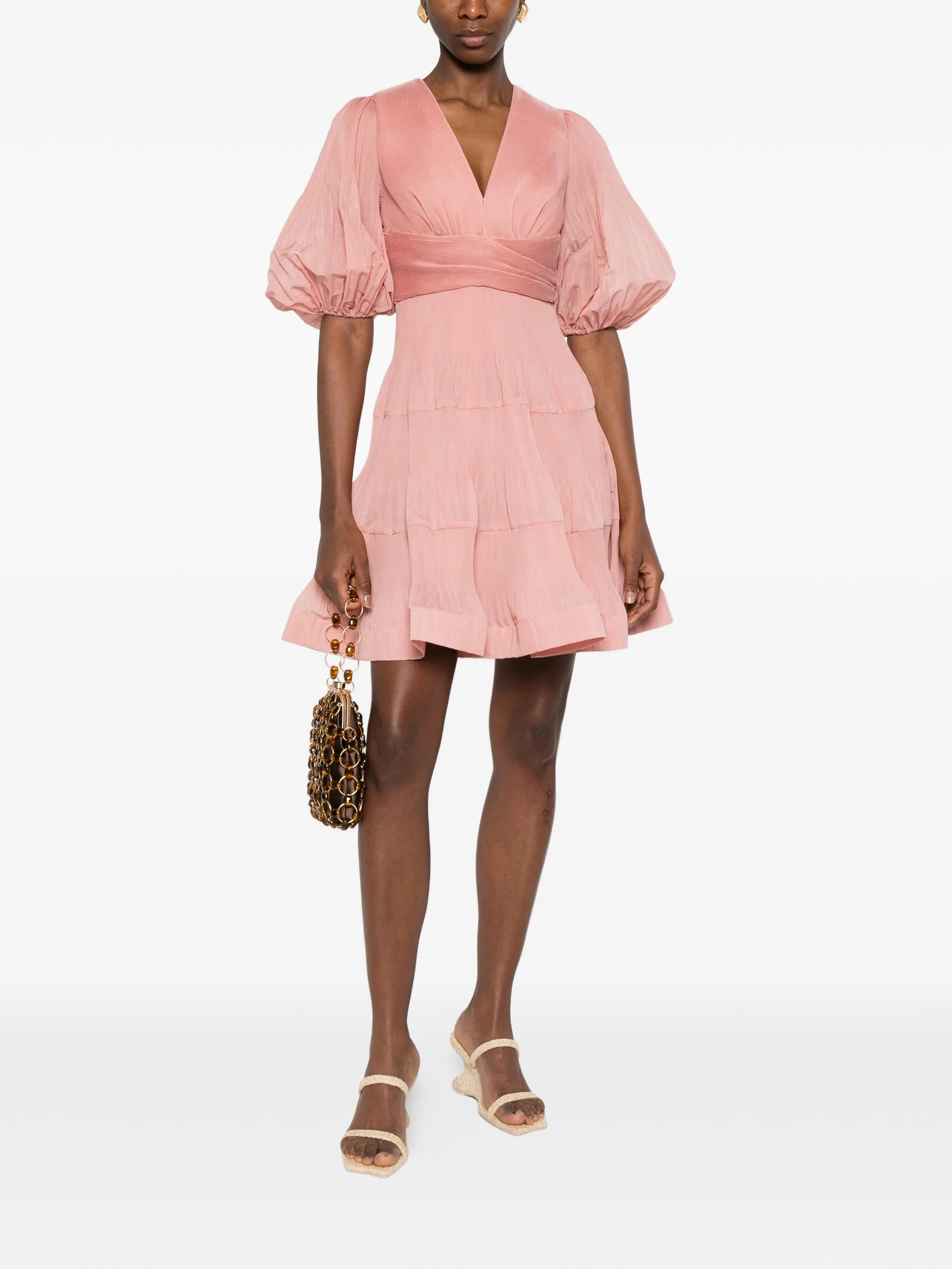 pleated V-neck mini dress