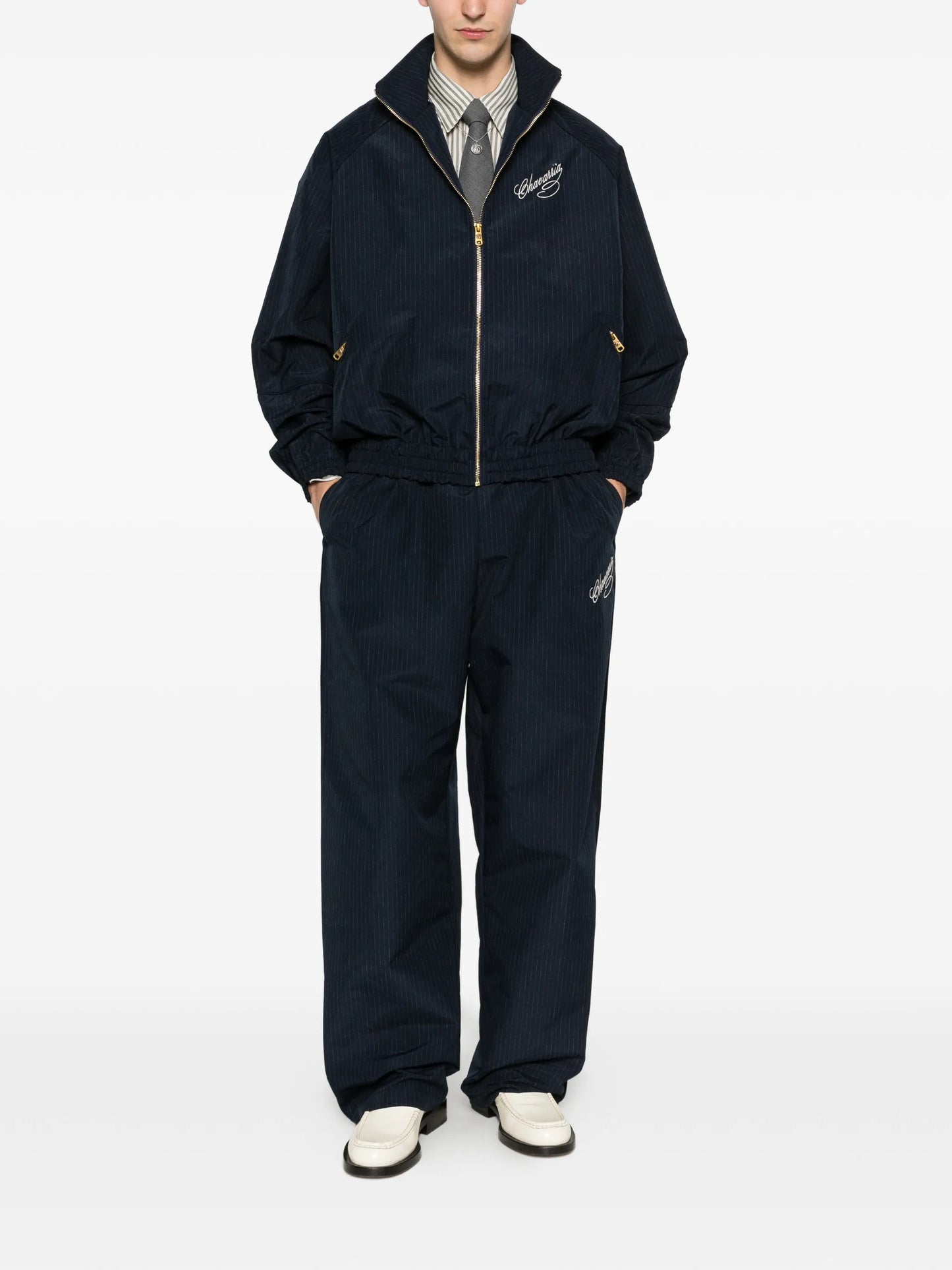 pinstripe-pattern zip-fastening jacket