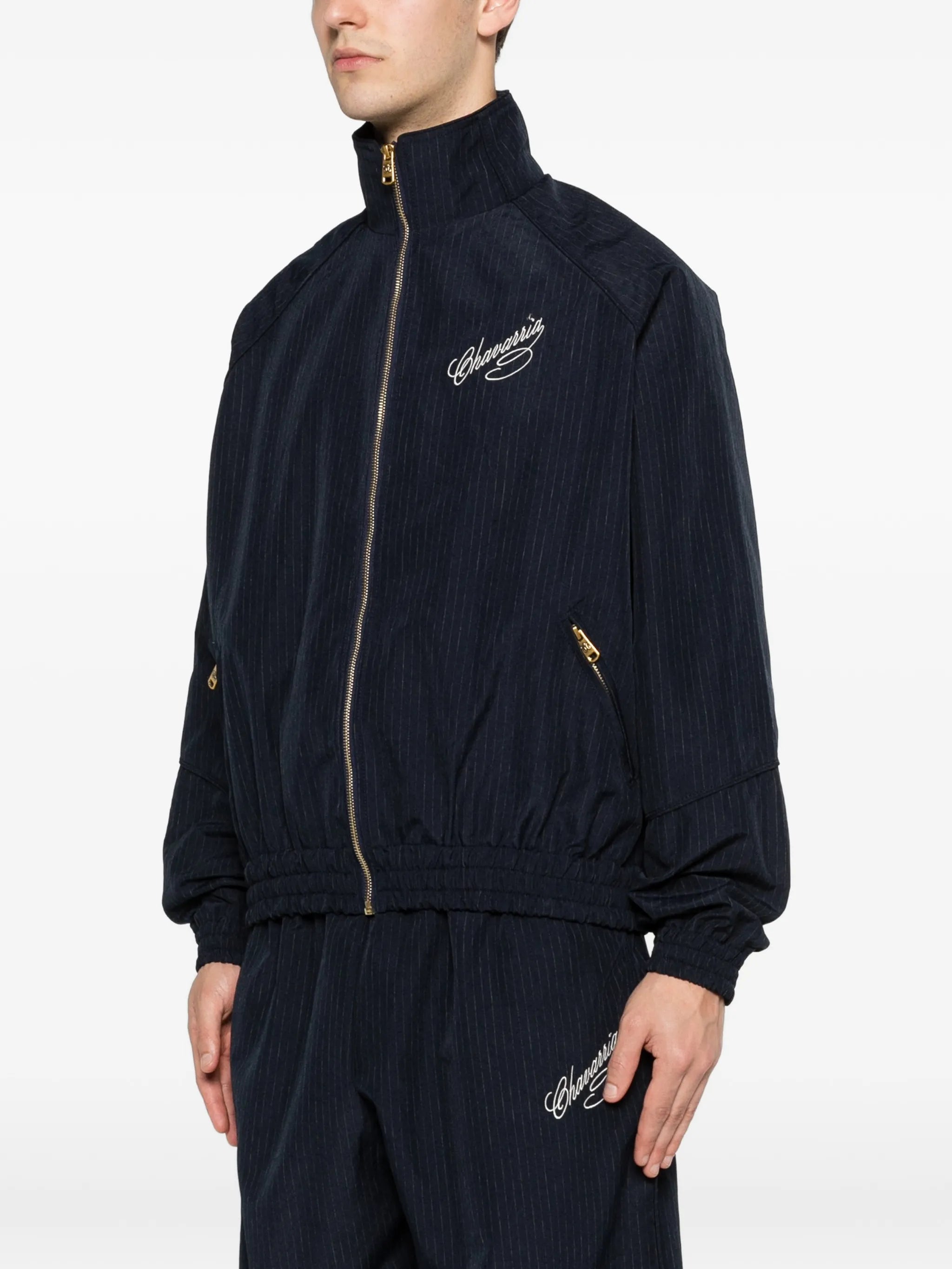 pinstripe-pattern zip-fastening jacket