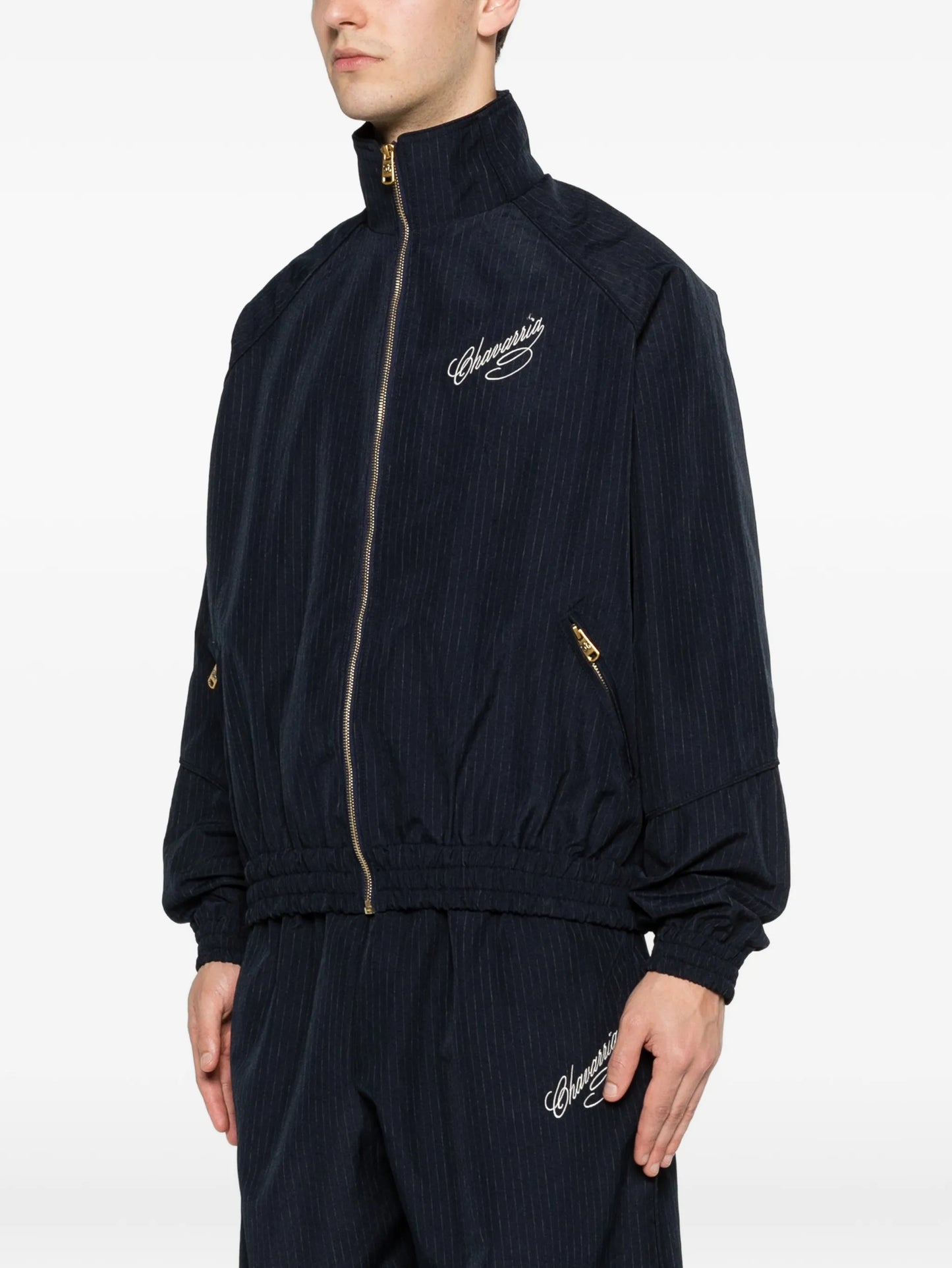 pinstripe-pattern zip-fastening jacket