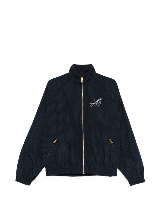 pinstripe-pattern zip-fastening jacket