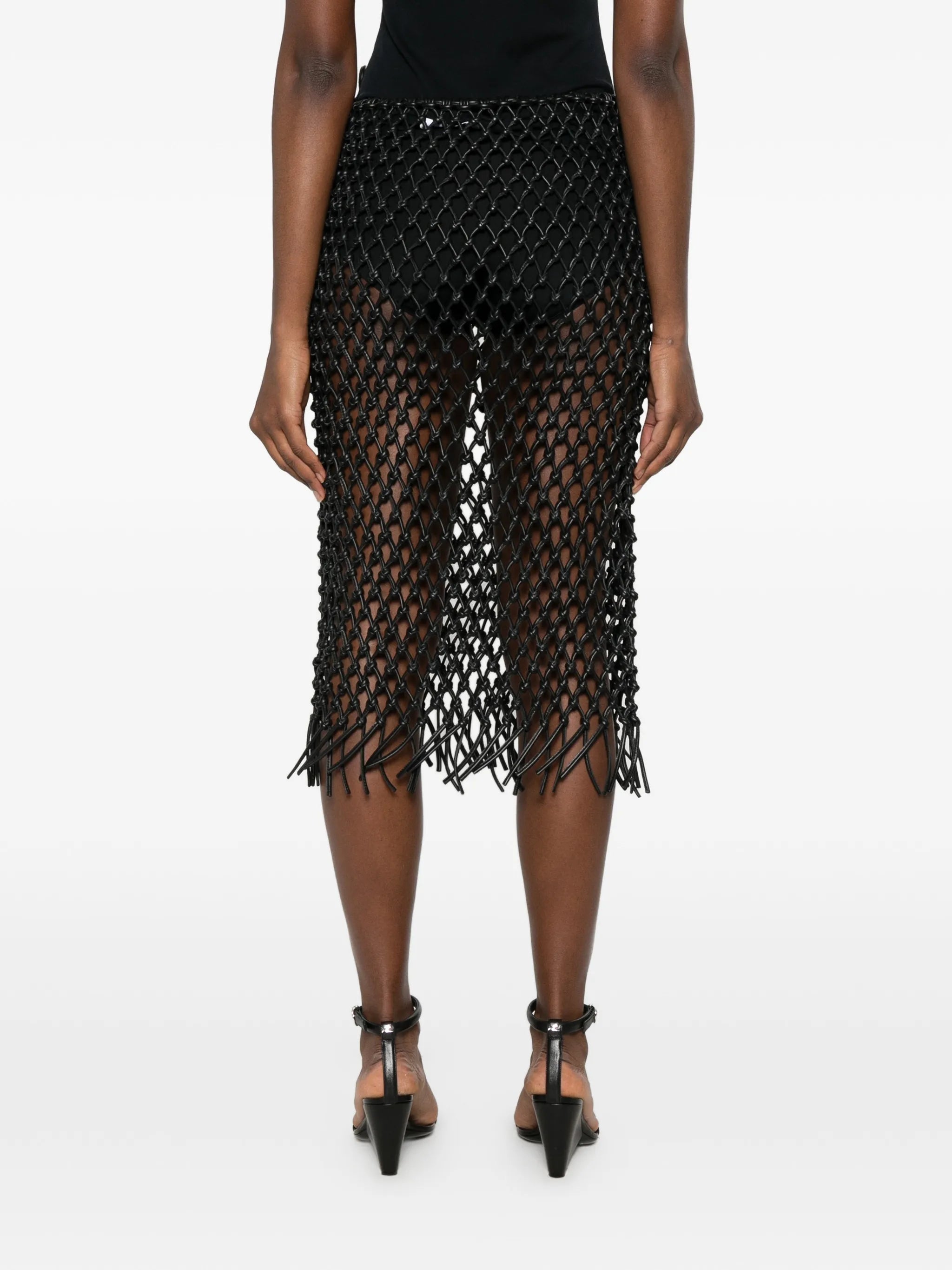Nelaya macramé leather midi skirt