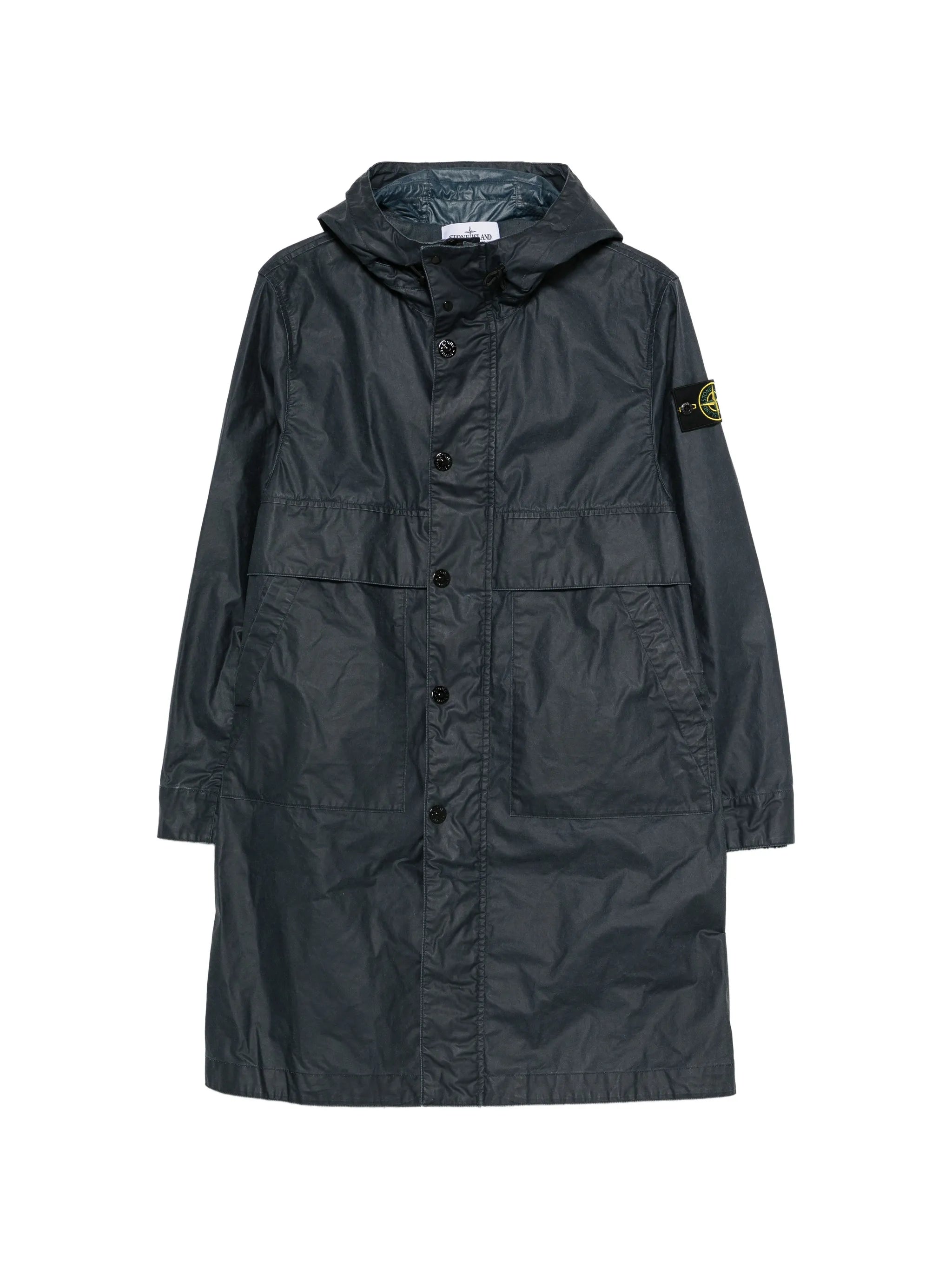 button-fastening hooded coat