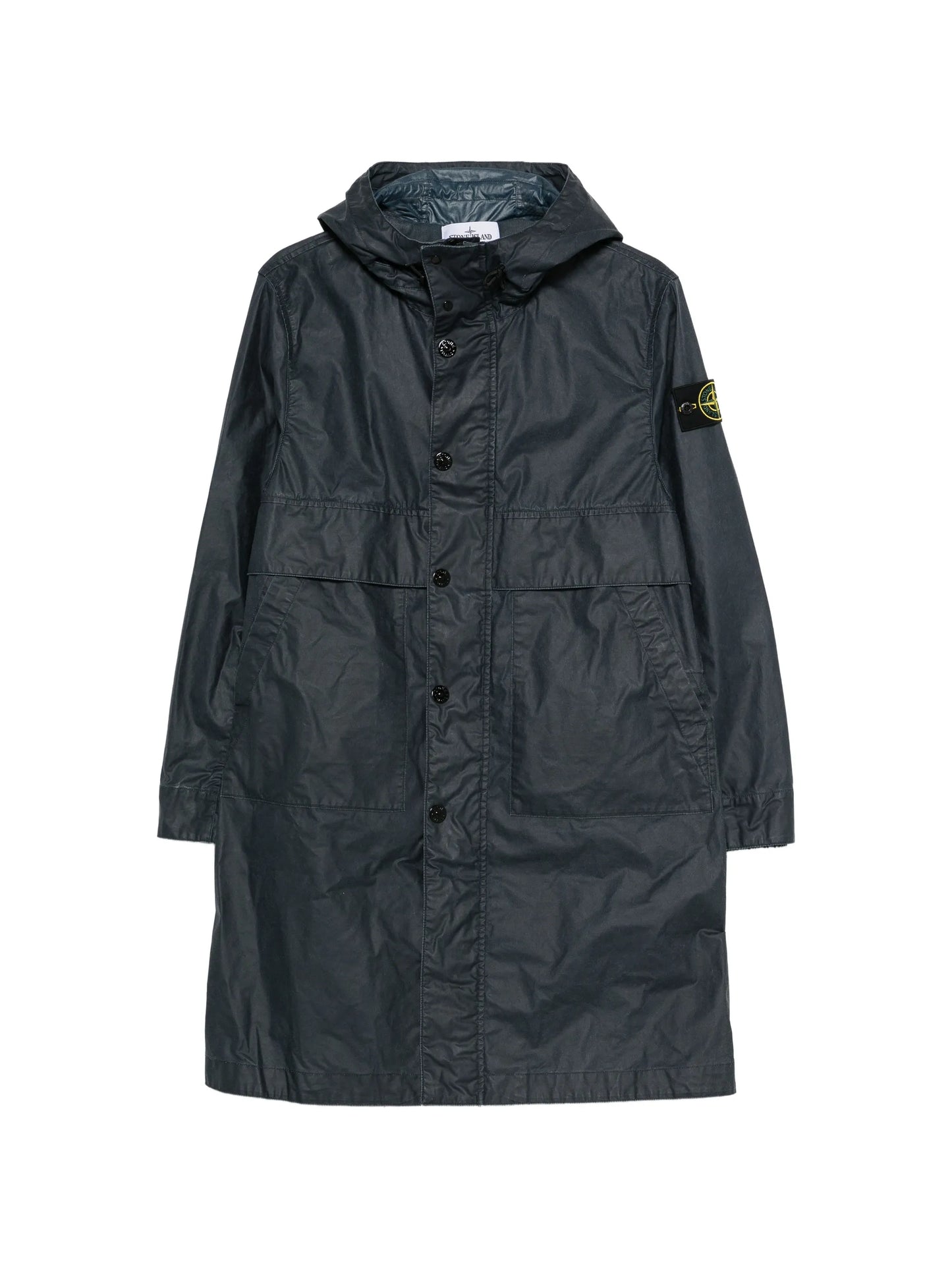 button-fastening hooded coat