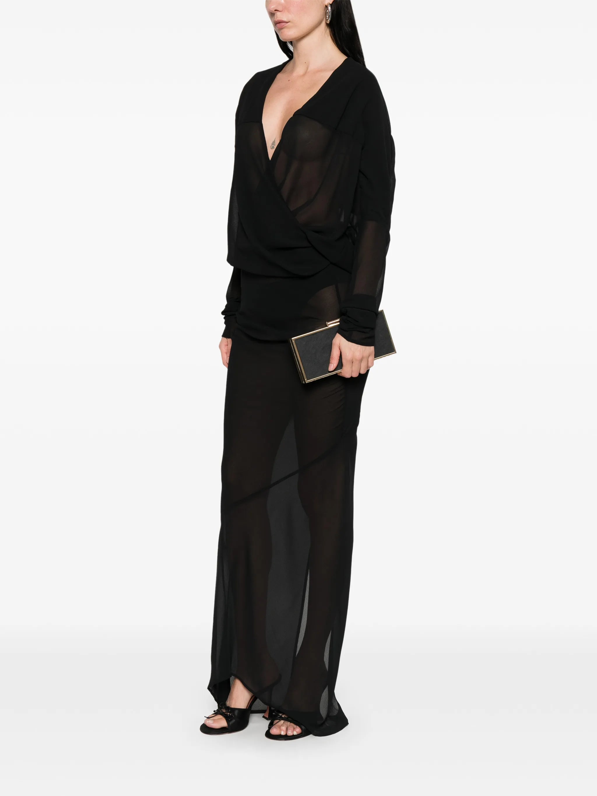 sheer-panel V-neck maxi wrap dress
