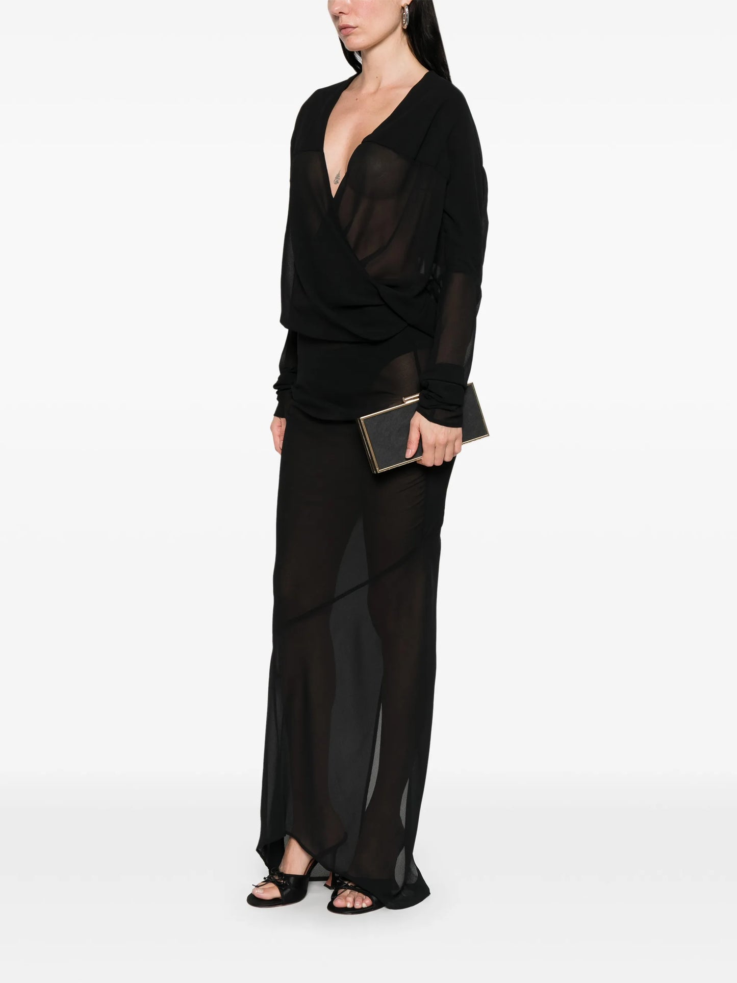 sheer-panel V-neck maxi wrap dress