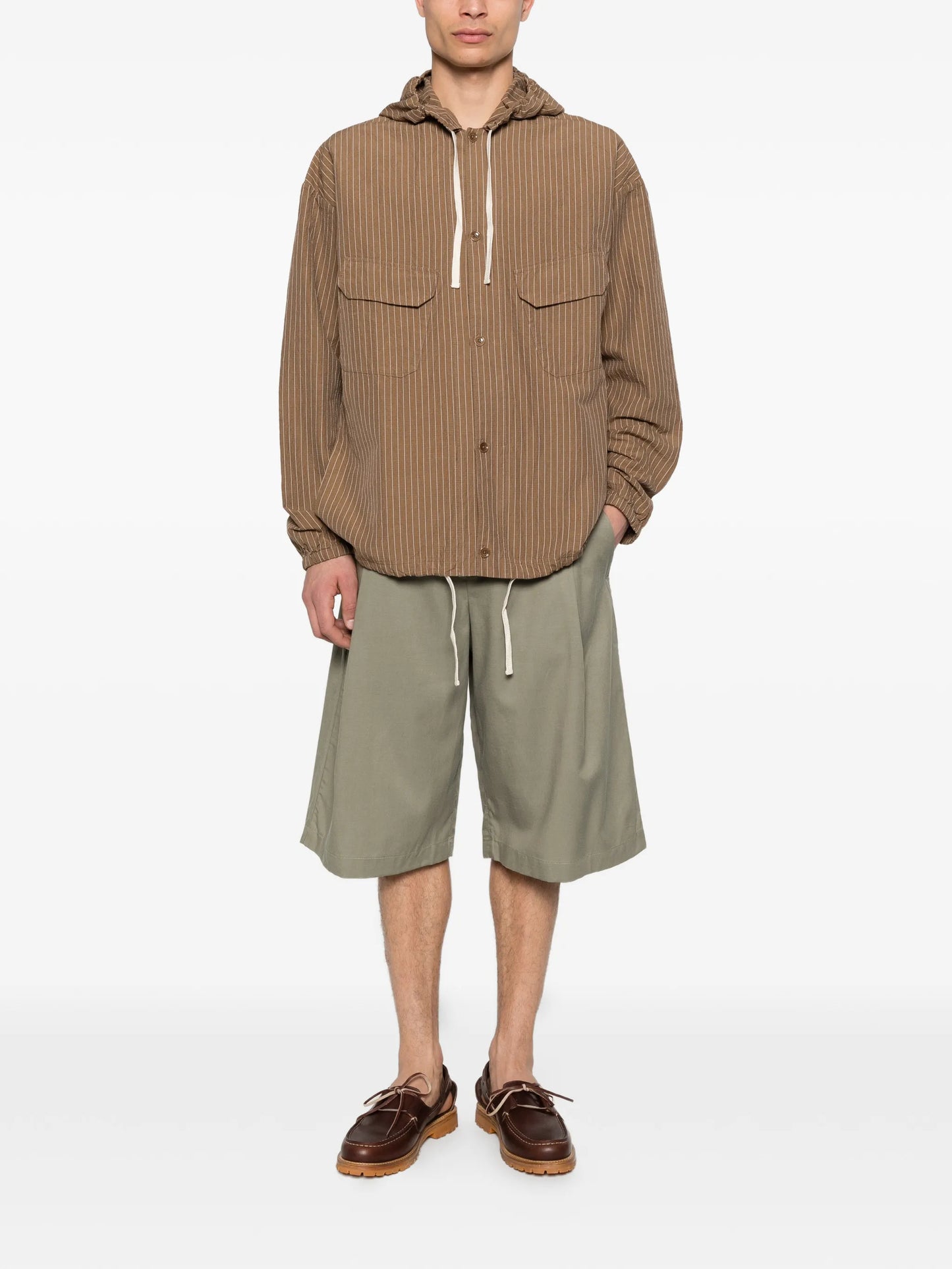 stripe-pattern hooded shirt jacket