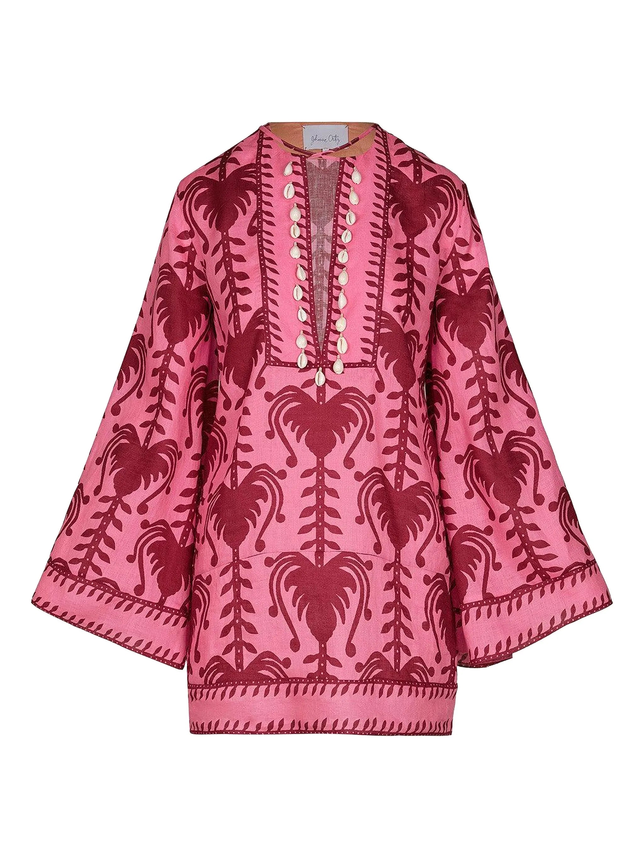 shell-embellished printed tunic dress