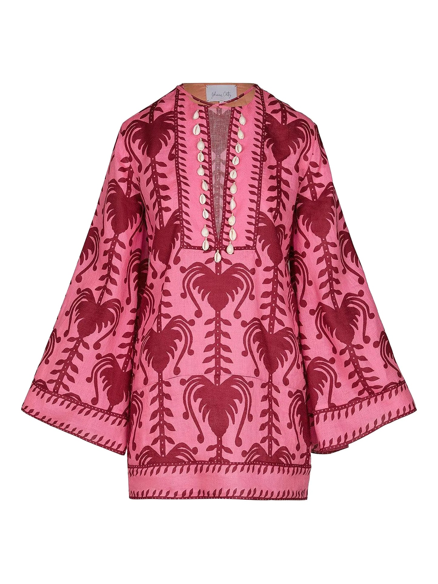 shell-embellished printed tunic dress