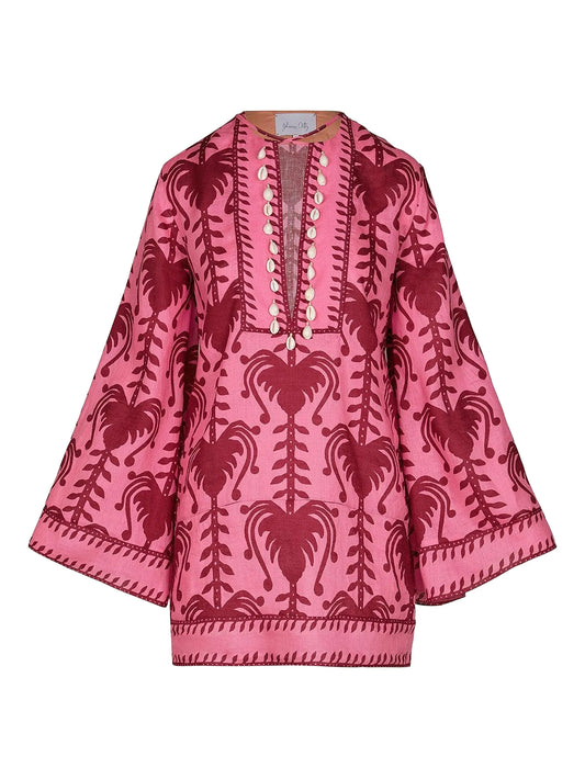 shell-embellished printed tunic dress